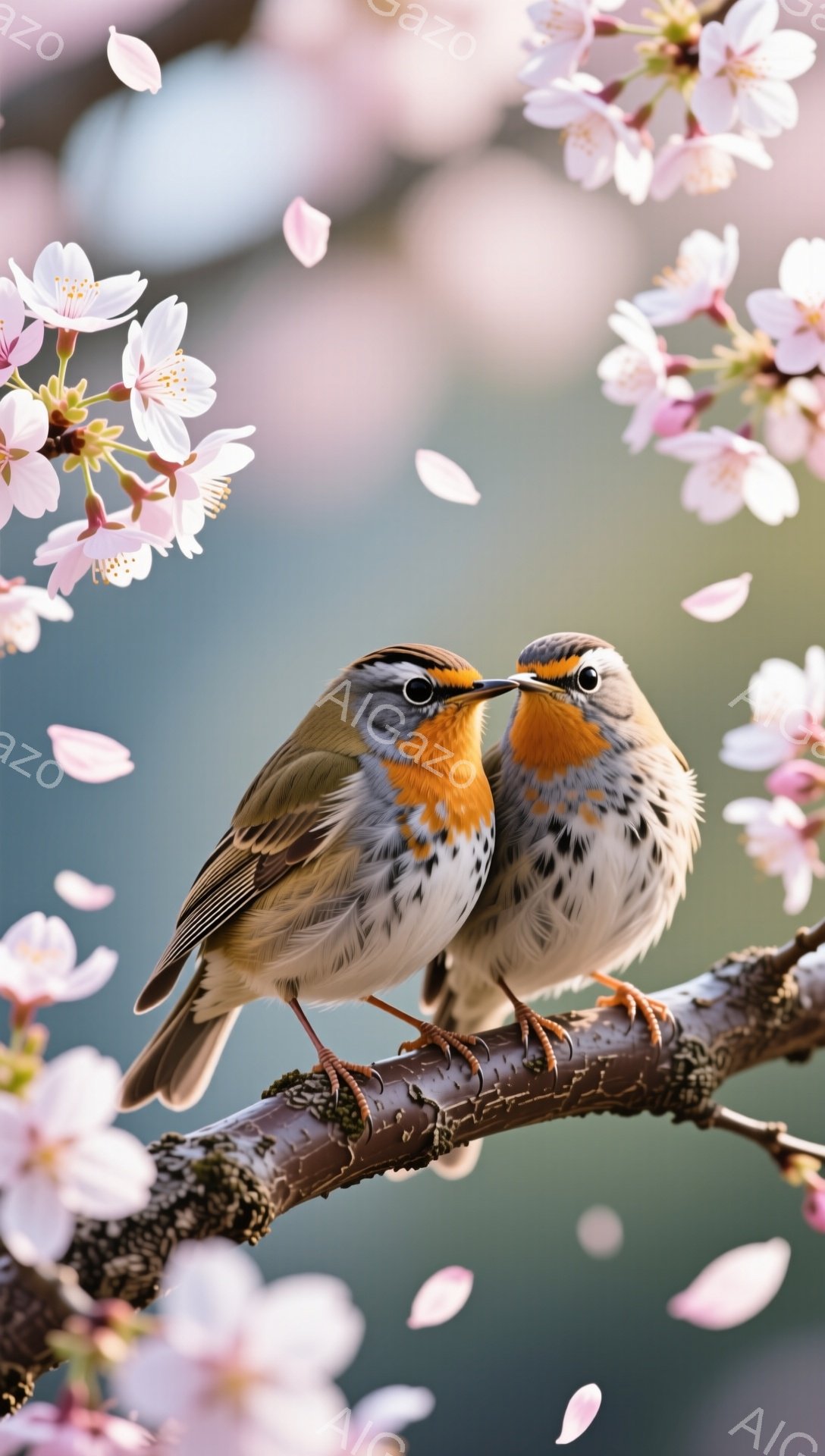 春の桜の木に、二羽の愛らしい鳥が寄り添っています。ピンク色の花びらが舞い散り、背景は穏やかなぼかしで、春の暖かく優しい雰囲気を醸し出しています。鳥たちは互いに向かい合い、愛情深く見つめ合っています。