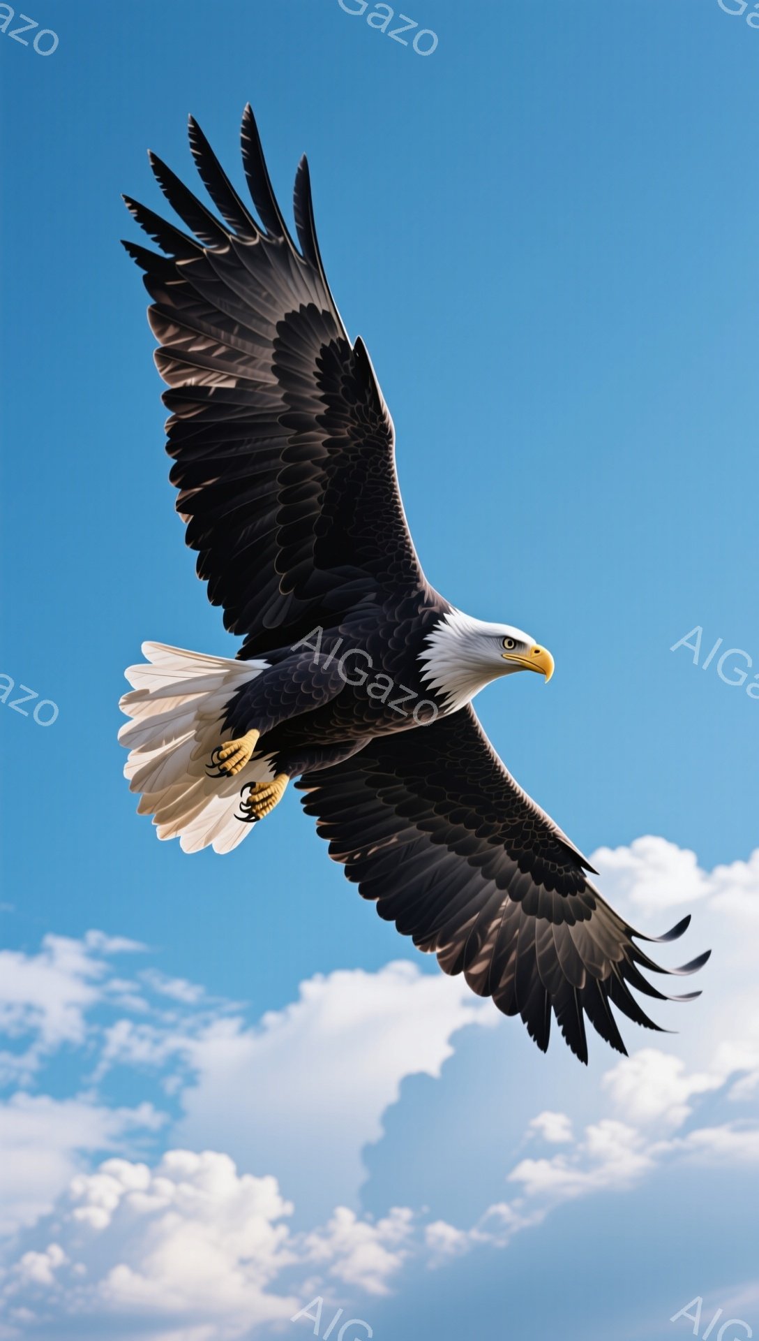 広大な空を背景に、翼を広げたアメリカワシが力強く飛んでいる。白頭と茶色の体が鮮やかに映え、鋭い眼光が印象的だ。雲が浮かぶ青空とのコントラストが、ワシの威厳と自由な姿を際立たせている。