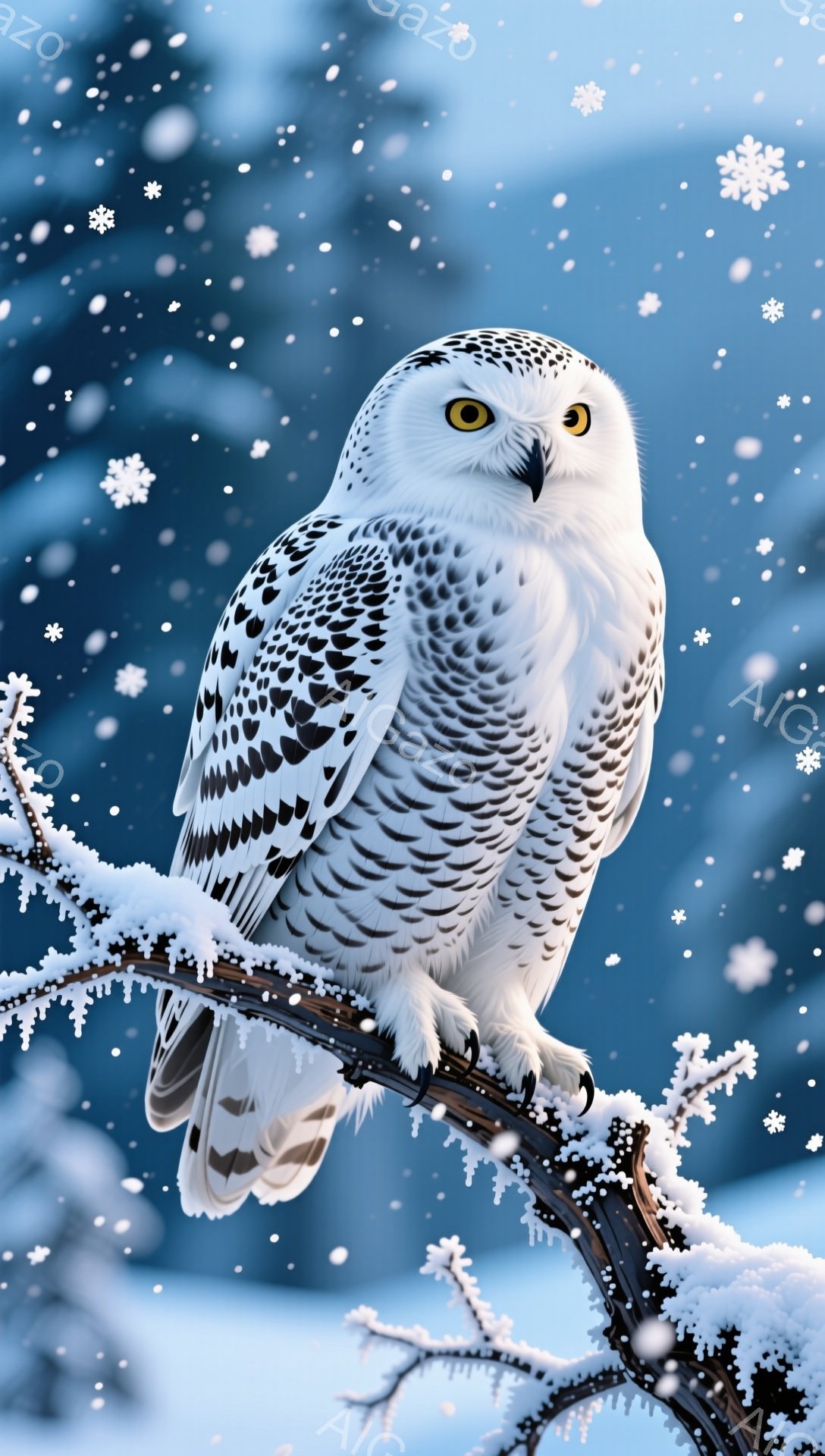 雪深い森の中で、白いフクロウが木の枝にとまっている。雪が舞い降り、フクロウの羽毛と枝に積もり、冬の静寂と美しさを表現している。鋭い眼光が特徴的で、凛とした雰囲気を醸し出している。