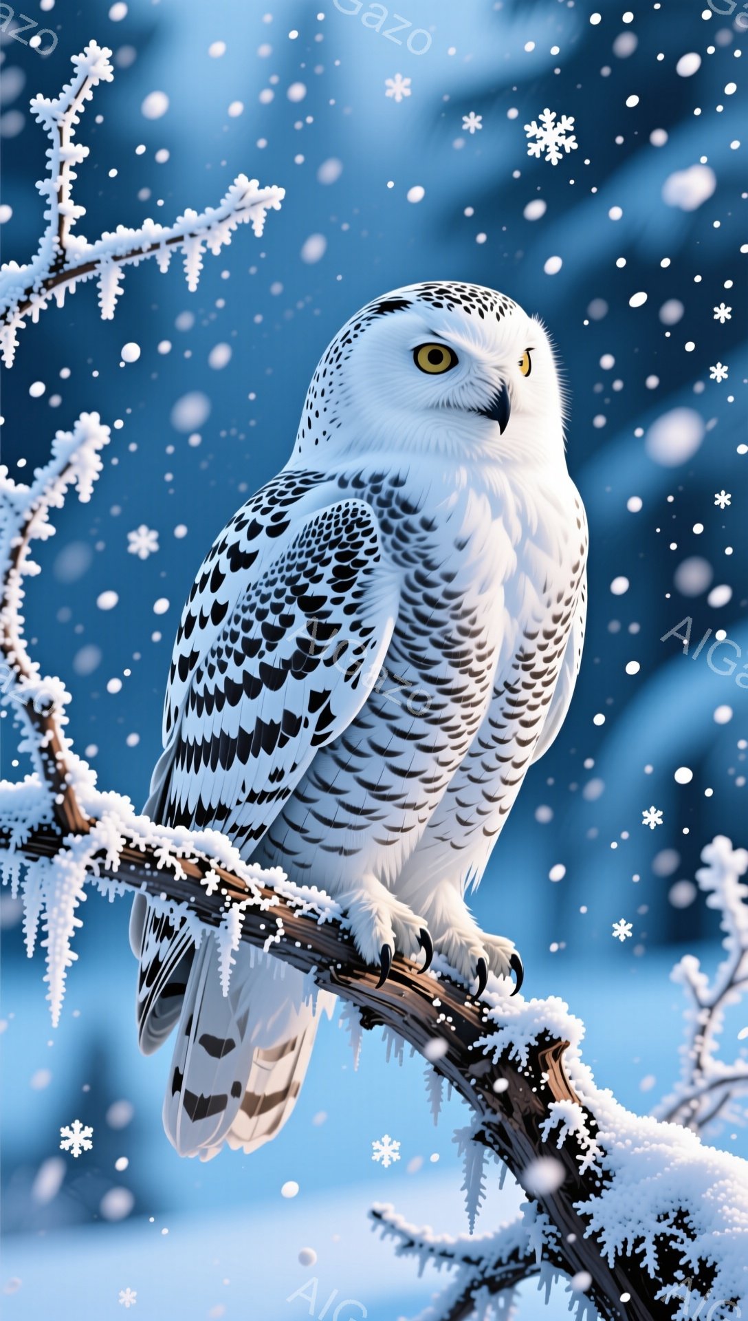 雪の降る冬の森の中で、白いフクロウが雪で覆われた木の枝にとまっている。フクロウは鋭い眼差しで前を見据え、静寂の中で堂々と佇んでいる。雪片が舞い、幻想的な雰囲気を醸し出している。 - AI生成フリー素材