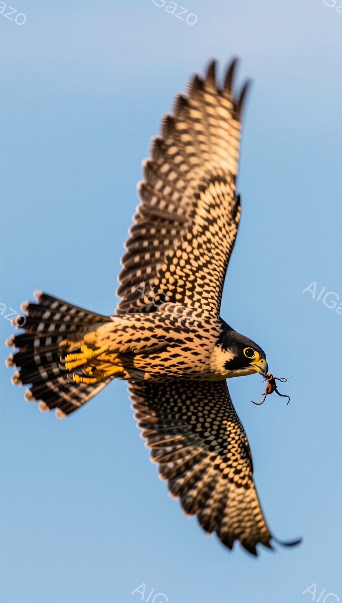鮮やかな青空を背景に、猛禽類のハヤブサが獲物を咥えて飛んでいる。翼は広げられ、羽の模様が詳細に見える。獲物は小型の蛇のようで、ハヤブサの鋭い爪にしっかりと掴まれている。
