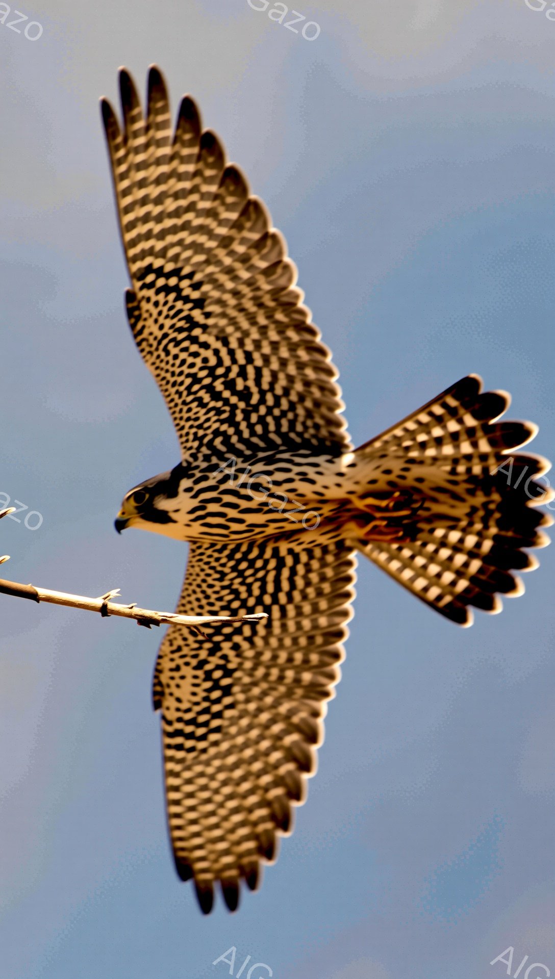空を飛ぶ猛禽類の鮮明な写真です。茶色と白の模様が特徴的な翼を広げ、力強く空を舞っています。背景は薄い青空で、鳥の優雅な姿を際立たせています。