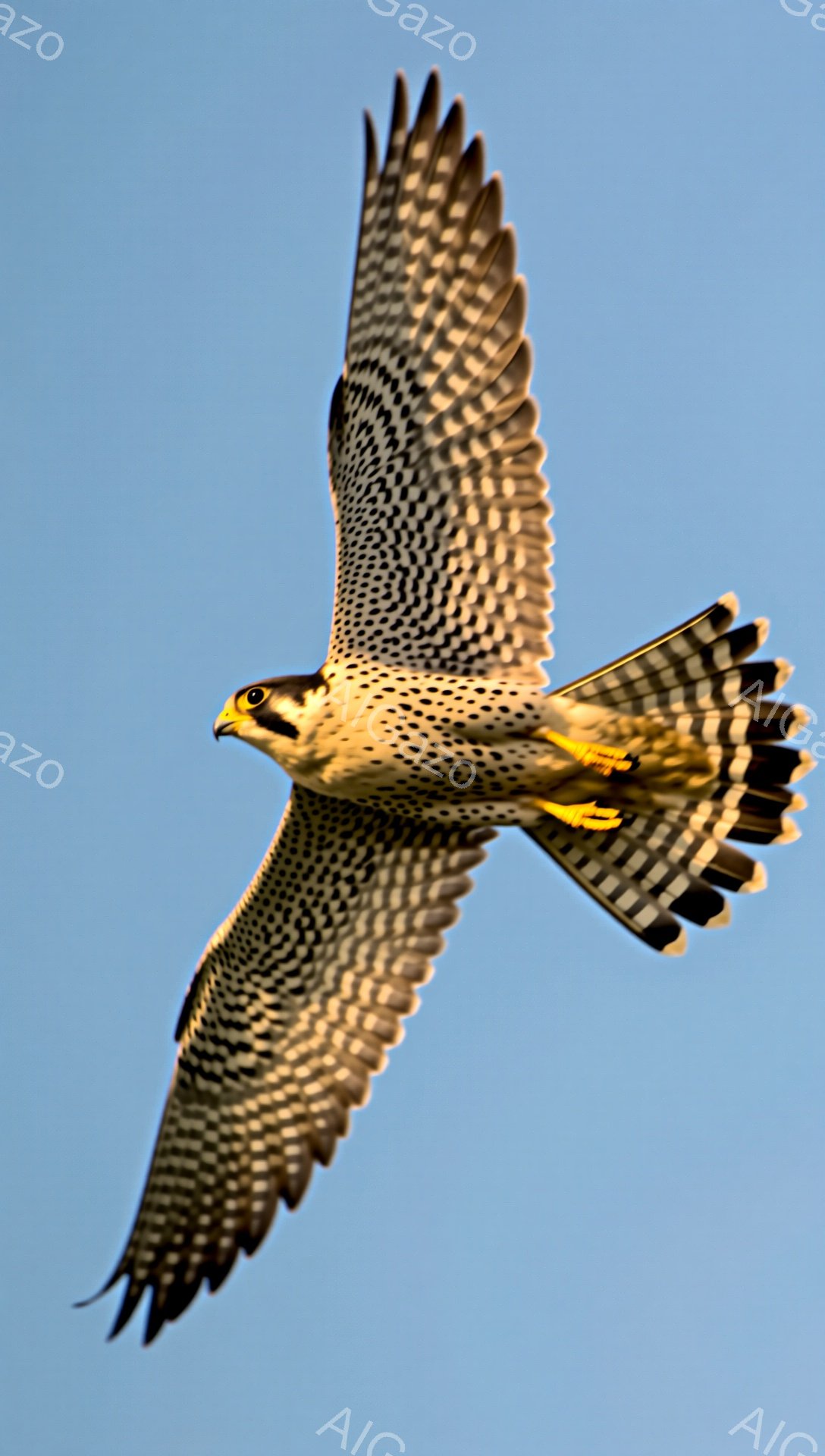 空を飛ぶハヤブサが鮮やかに捉えられています。翼の模様が細かく、逆光で照らされているため、力強く美しいシルエットが際立っています。青い空とのコントラストが、自由と躍動感を表現しています。