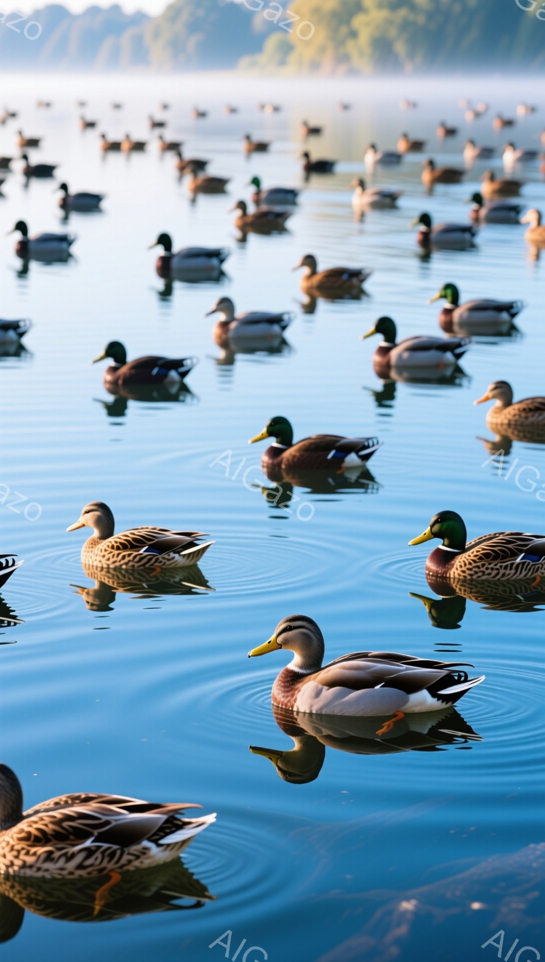 静かな水面に多くのマガモが浮かんでいます。水面には波紋が広がり、光が反射してキラキラと輝いています。穏やかな雰囲気で、自然の美しさを感じさせる光景です。