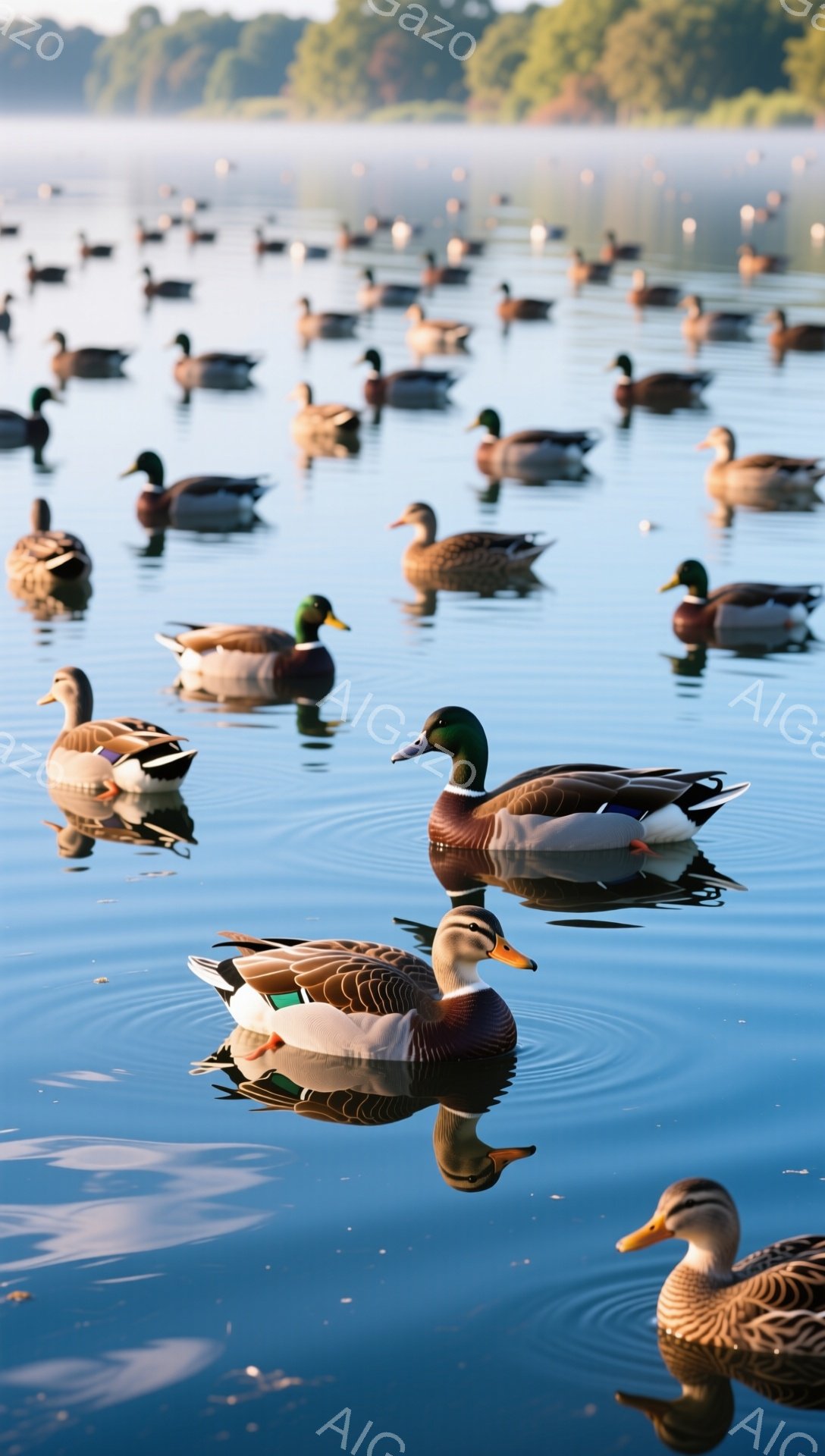 穏やかな水面に多くの鴨が浮かんでいます。水面には鴨たちの影が映り込み、静かで平和な雰囲気が漂っています。背景には緑豊かな木々が見え、自然豊かな場所であることが伺えます。 - AI生成フリー素材