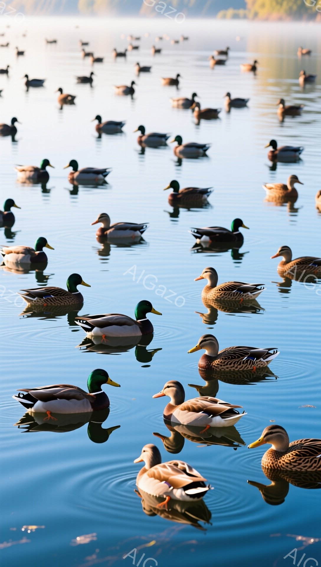 広大な水面に鴨が多数浮かんでいます。水面は穏やかで、鴨たちはリラックスした様子で漂っています。背景にはぼんやりとした山並みがみえ、静かで平和な雰囲気が漂っています。 - AI生成フリー素材
