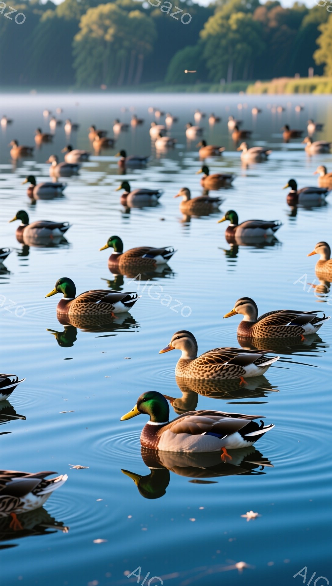 青い水面にアヒルがたくさん浮かんでいます。アヒルの羽は光を浴びて輝き、水面には波紋が広がっています。背景には緑豊かな木々が見え、穏やかな朝の雰囲気が漂っています。