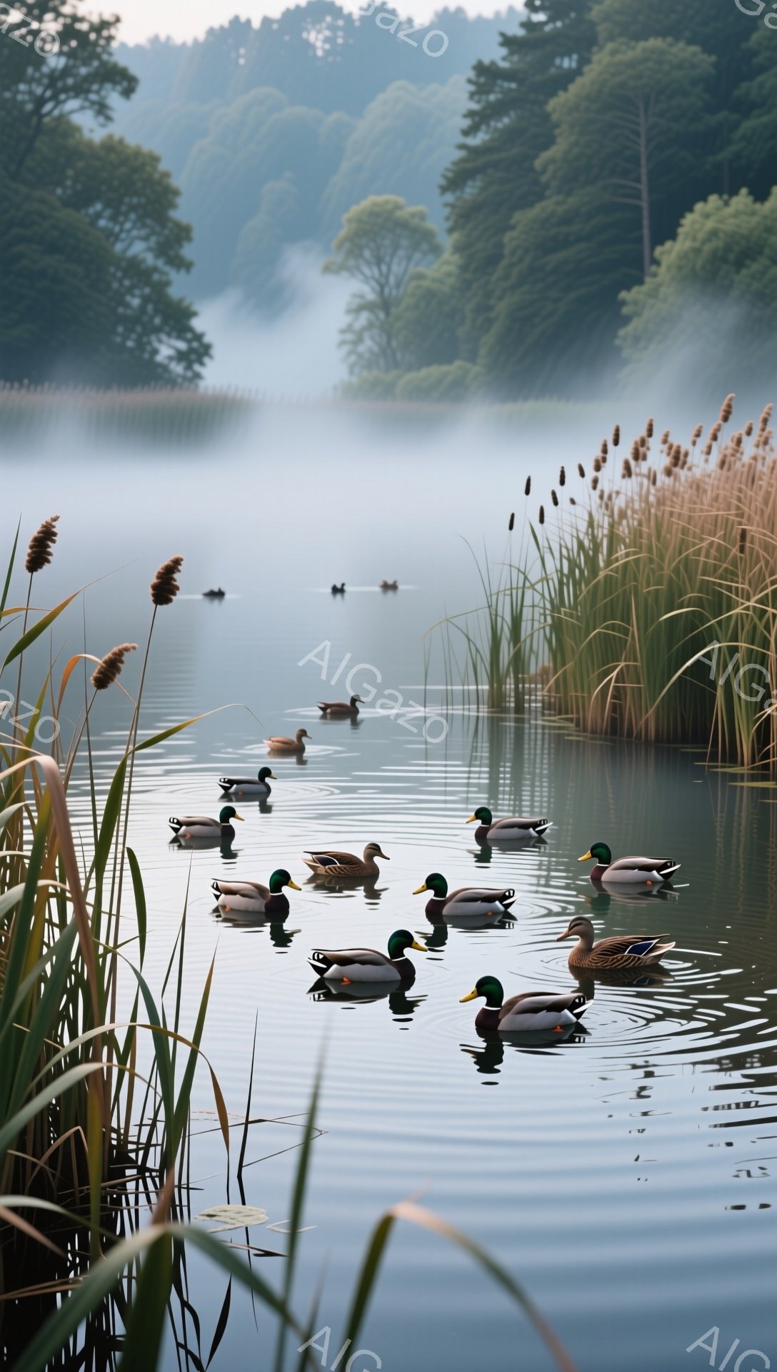 静かな湖に鴨たちが浮かび、穏やかな朝の風景が広がっています。朝霧が立ち込め、背景の木々をぼんやりと覆い、幻想的な雰囲気を醸し出しています。水面には鴨たちの姿が映り込み、静寂と自然の美しさを際立たせています。