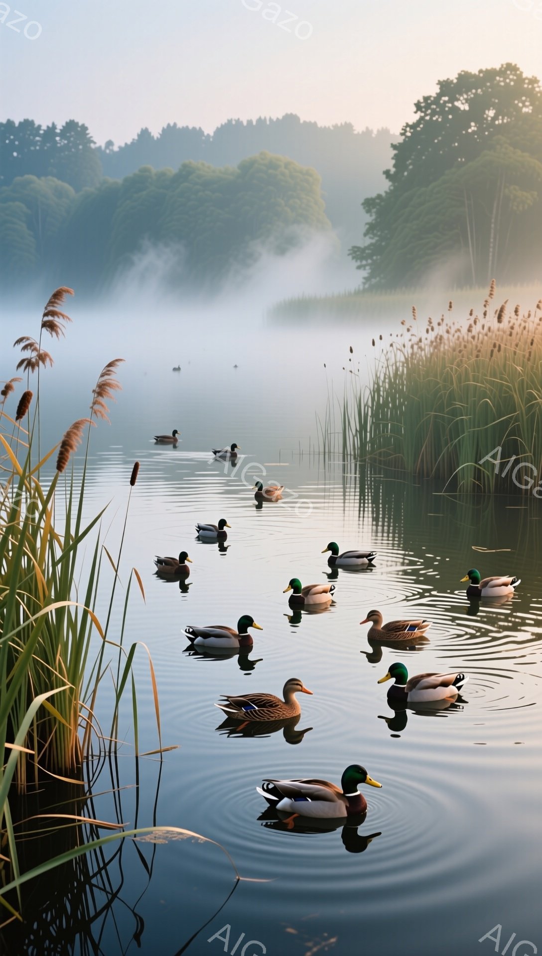 朝霧が立ち込める湖面を、多数のカモが優雅に泳いでいる。葦の茂みが前景を彩り、遠景には緑豊かな木々がぼんやりと見える。静かで穏やかな、自然の息吹を感じさせる情景だ。