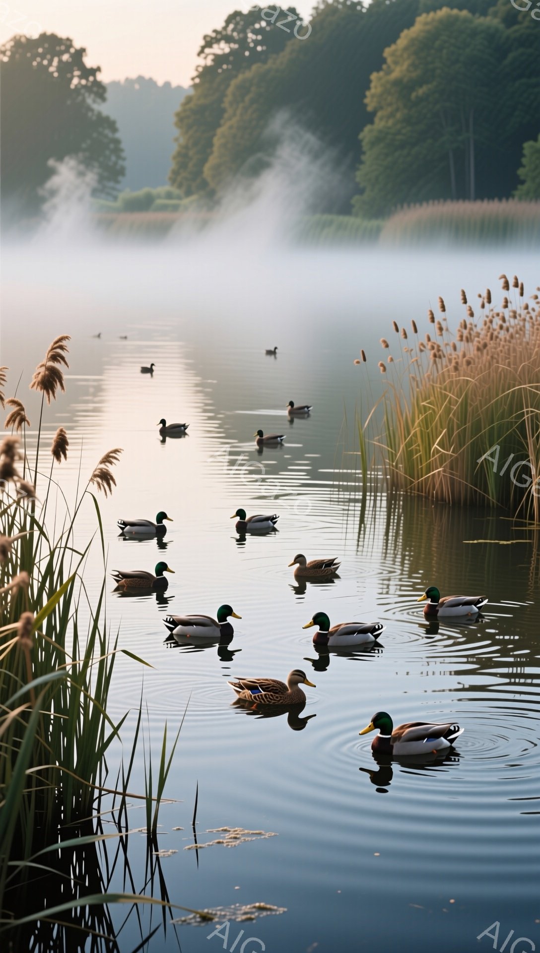 静かな湖面をアヒルたちが悠々と泳いでいる。朝靄が立ち込め、水面が鏡のように景色を映し出し、穏やかな雰囲気を醸し出している。葦の茂みが湖岸を縁取り、自然の美しさを際立たせている。