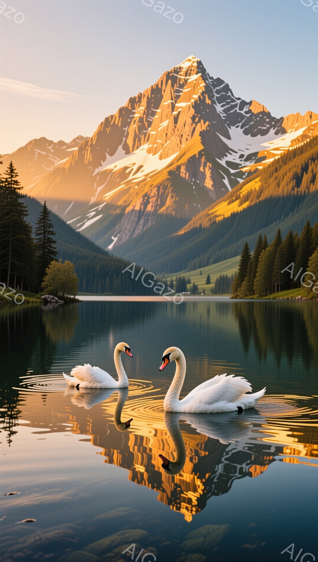 静かな湖面に2羽の白鳥が優雅に泳いでいる。背景には、夕日に照らされた壮大な山々と深い緑の森林が広がり、穏やかで幻想的な雰囲気を醸し出している。水面に映る白鳥と山々の反射が、まるで別世界にいるような錯覚を覚える。