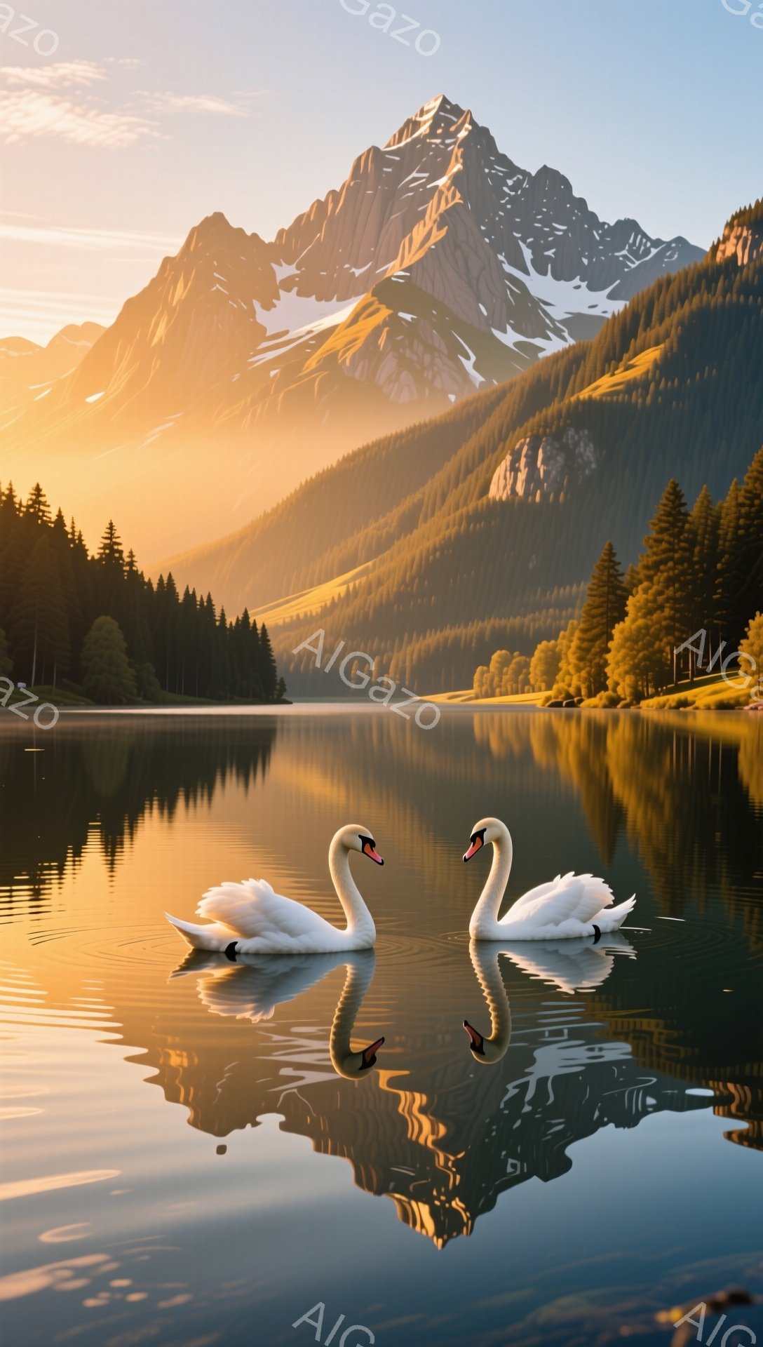 澄んだ湖面に二羽の白鳥が優雅に泳いでいる。背後には雪を抱いた山々と緑豊かな森林が広がり、穏やかで美しい風景を作り出している。夕暮れ時の光が水面を金色に染め上げ、幻想的な雰囲気を醸し出している。