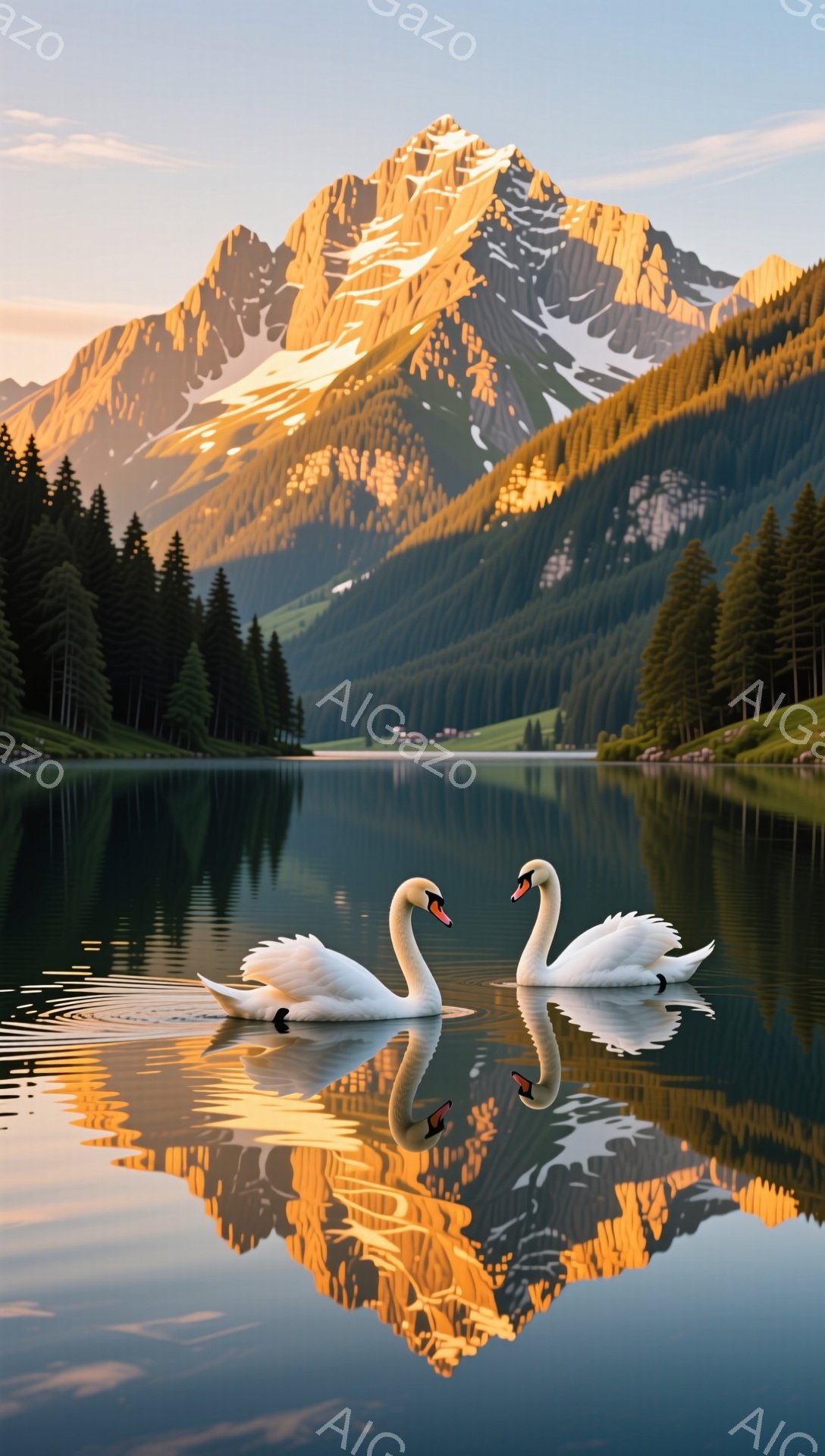 白鳥が穏やかな湖面を優雅に泳いでいる。背景には、夕日に照らされた壮大な山々と緑豊かな森林が広がり、幻想的な雰囲気を醸し出している。水面に映る山と白鳥の姿が、まるで絵画のような美しさだ。