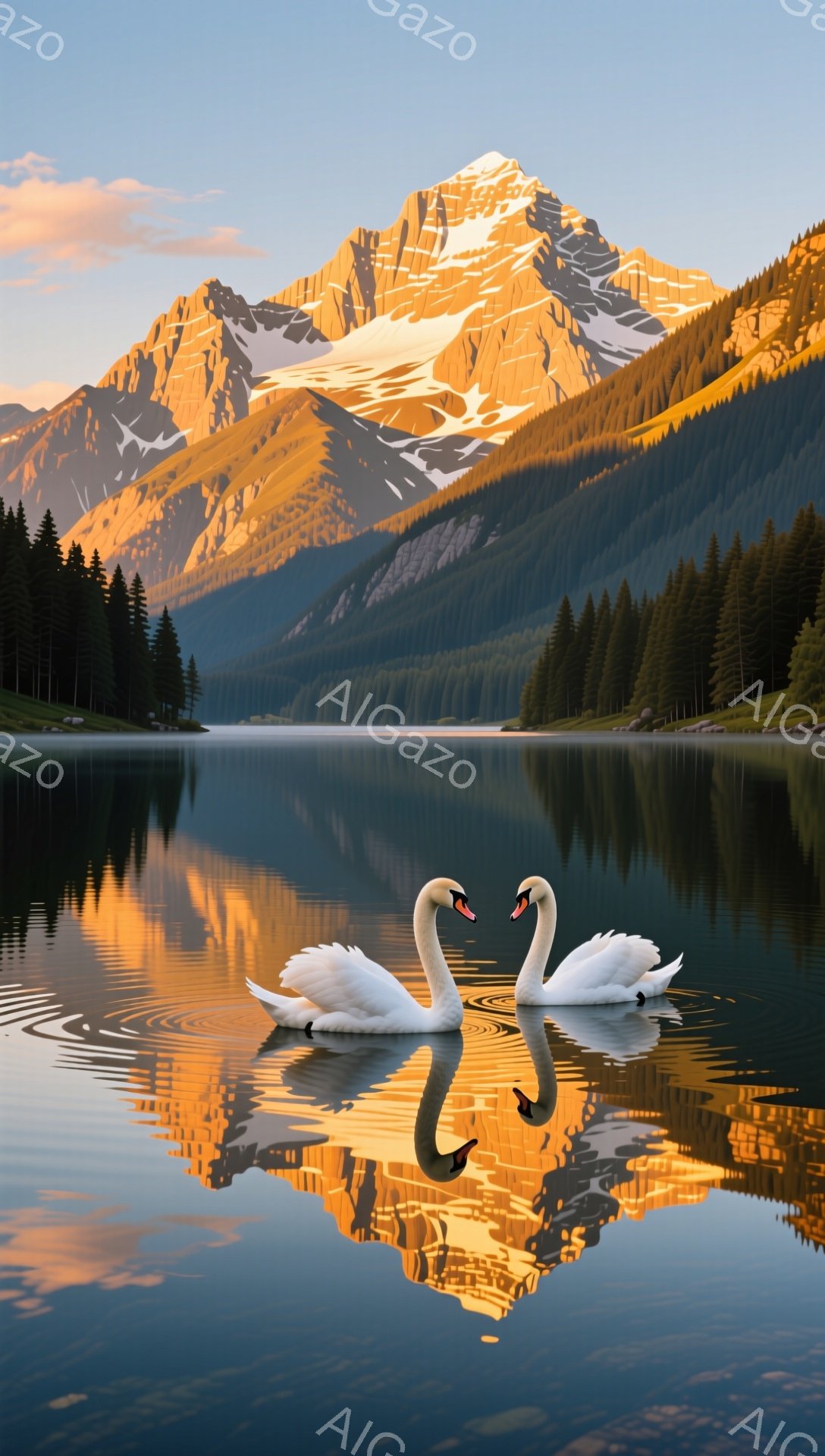 静かな湖面を２羽の白鳥が優雅に泳いでいる。背景には、夕日に照らされた雪を抱いた山々がそびえ立ち、水面に美しい反射を作り出している。穏やかで平和な雰囲気が漂う光景だ。