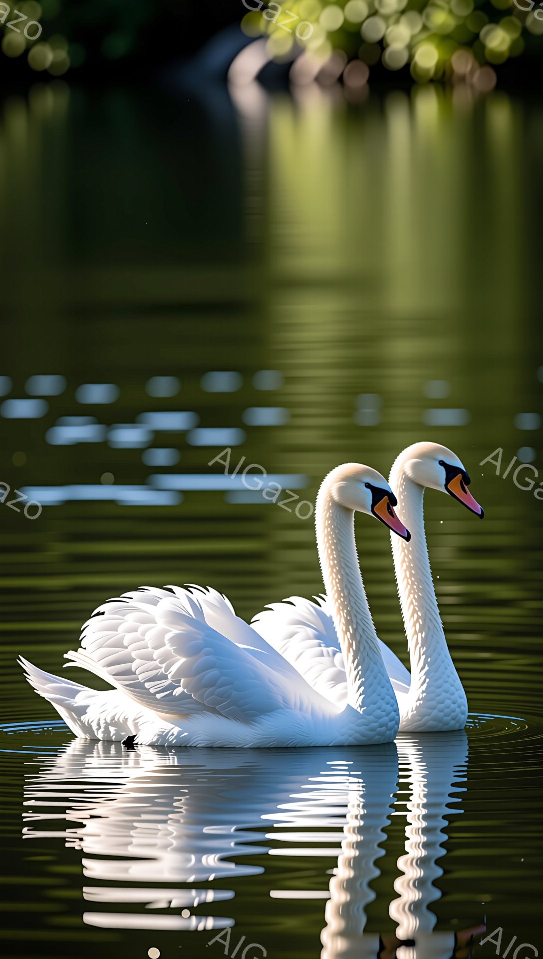白鳥が穏やかな水面を優雅に泳いでいる。光が水面に反射し、キラキラと輝いており、幻想的な雰囲気を醸し出している。背景には緑豊かな木々が見え、自然の美しさを際立たせている。