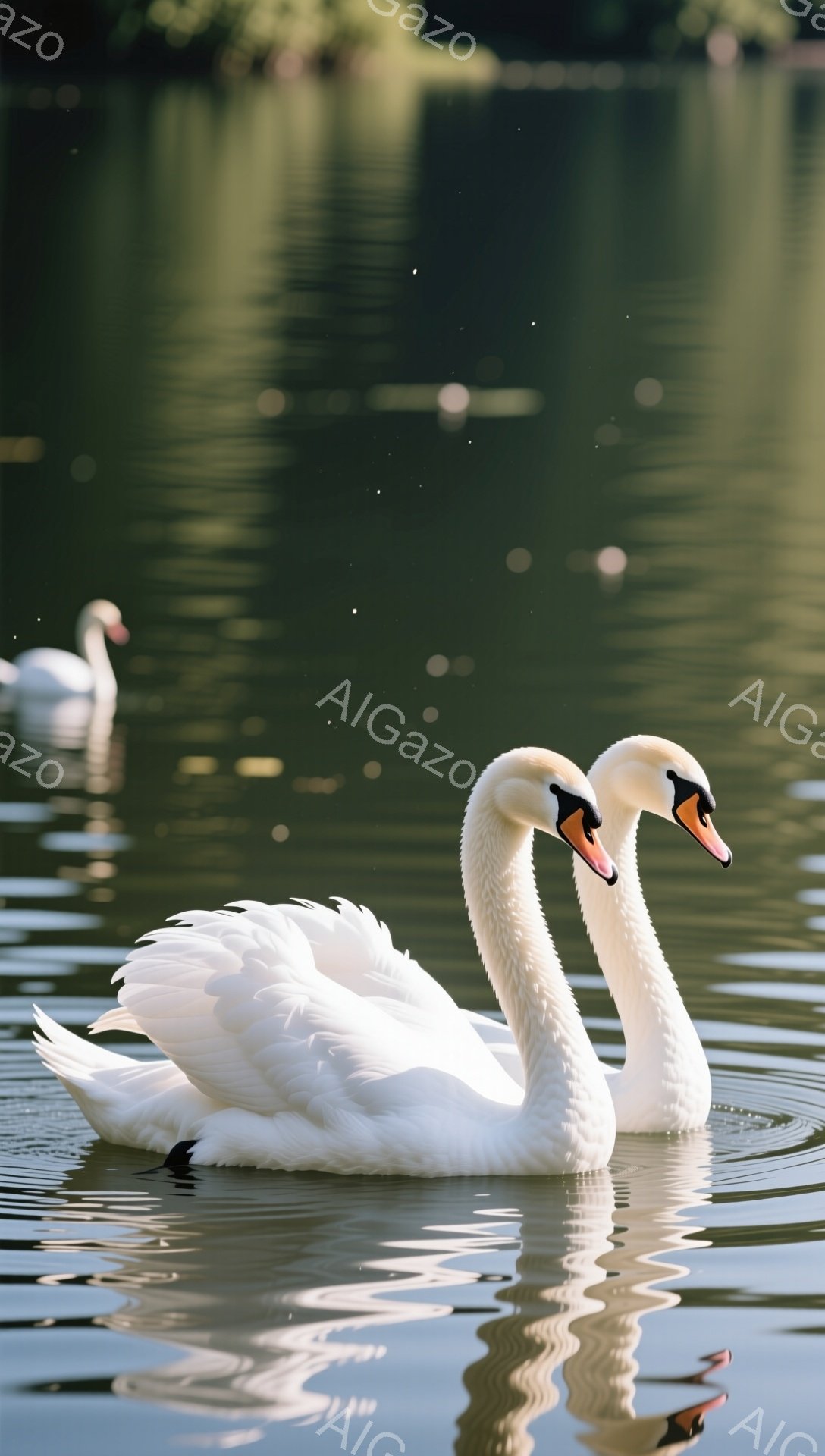 白鳥が2羽、穏やかな水面を優雅に泳いでいる。水面に映るその姿は左右対称で美しく、周囲の緑とのコントラストが印象的だ。静かで平和な雰囲気が漂う風景である。