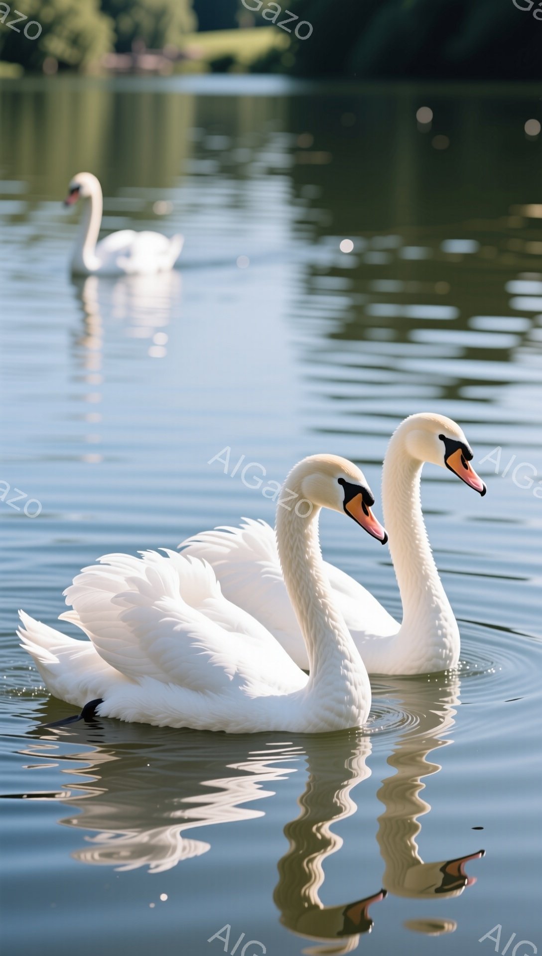 白い白鳥が水面を優雅に泳いでいる。水面に映る姿はまるで鏡のように美しく、穏やかな雰囲気を醸し出している。背景には緑豊かな自然が広がり、平和な情景が広がっている。 - AI生成フリー素材