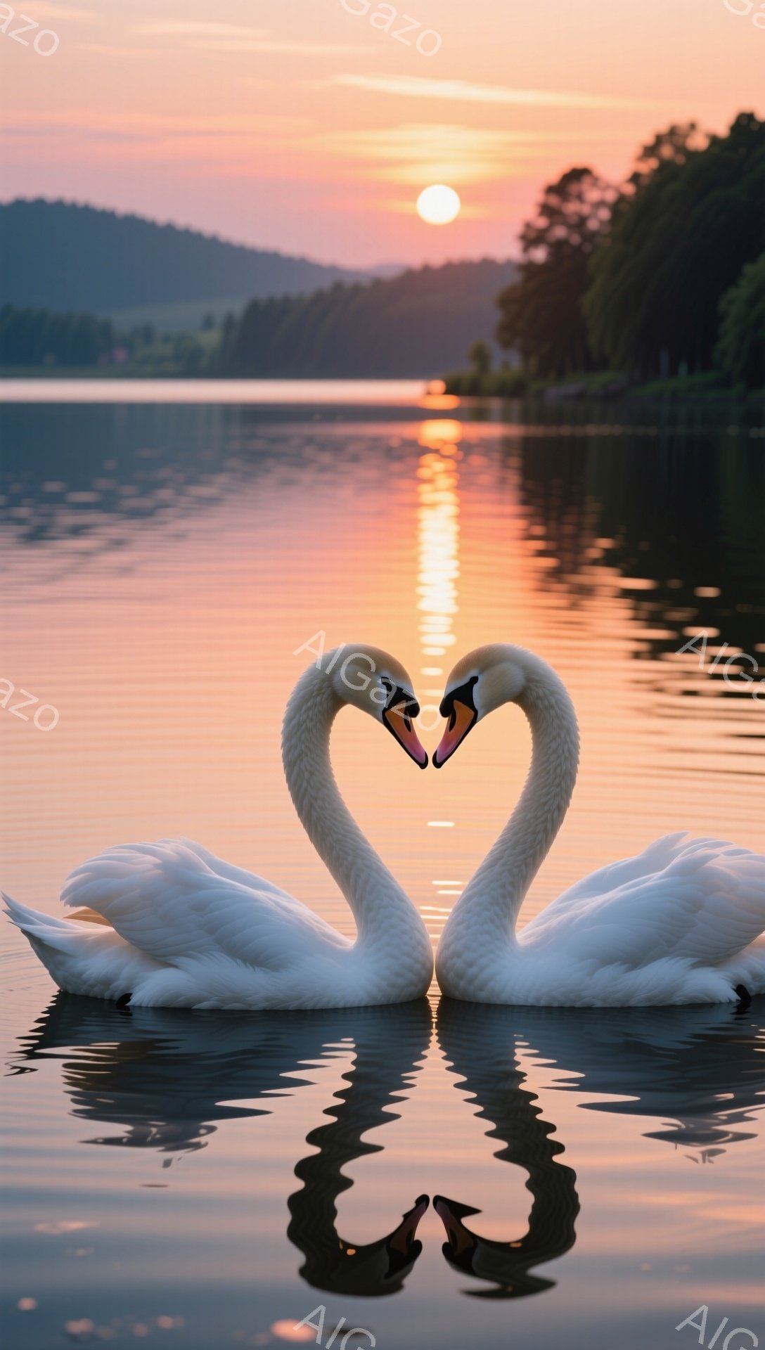 ２羽の白鳥が水面でハートの形を作っており、夕焼けの光を浴びています。穏やかな水面には鳥たちの美しい姿が映り込み、ロマンチックな雰囲気を醸し出しています。背景には緑豊かな木々と太陽が沈む空が広がっています。