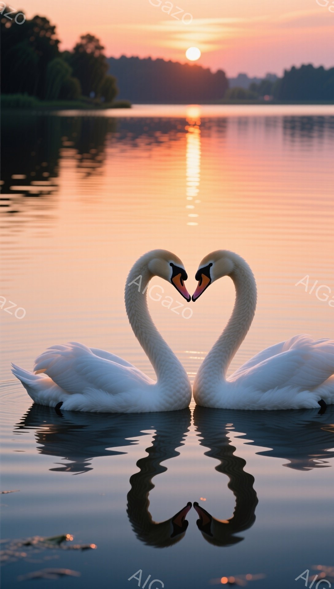 夕暮れ時に湖上で寄り添う白鳥のペアが描かれている。水面に映る鳥の影がハート型を作り出し、ロマンチックな雰囲気を醸し出している。空はオレンジ色と赤色のグラデーションで、穏やかで美しい光景である。