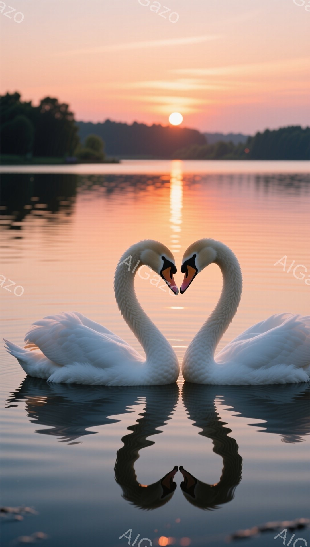 白鳥が水面でハートの形を作って寄り添い合っている。夕焼け空と水面に映る姿が幻想的な雰囲気を醸し出している。穏やかな水面と背景の緑が、平和でロマンチックな光景を作り出している。