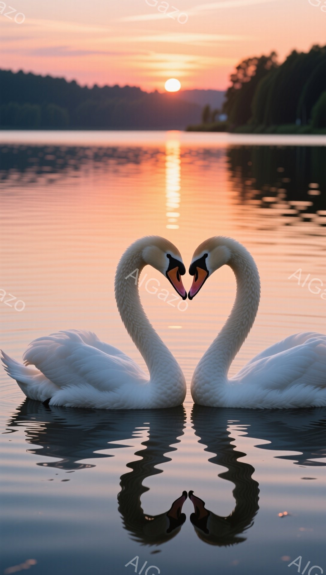二羽の白鳥が水面に寄り添い、ハートのような形を作っています。夕焼け空が水面に反射し、ロマンチックな雰囲気を作り出しています。穏やかな水面と鳥の優雅な姿が調和し、静かで美しい情景です。