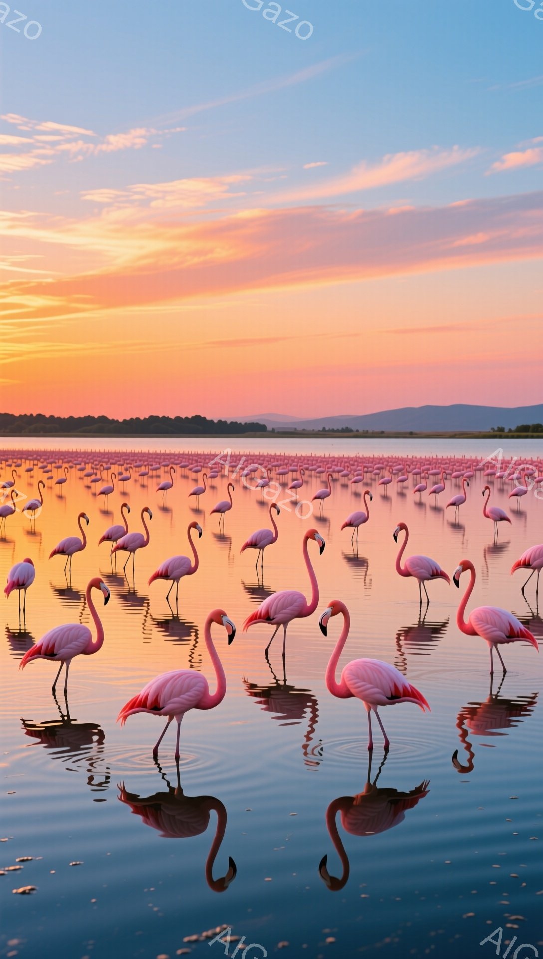 夕焼けを背景に、たくさんのフラミンゴが水面に並んでいる。それぞれのフラミンゴはピンク色で、水面にはその姿が反射して鏡のように見える。穏やかな雰囲気で、夕暮れ時の美しい自然の光景が表現されている。