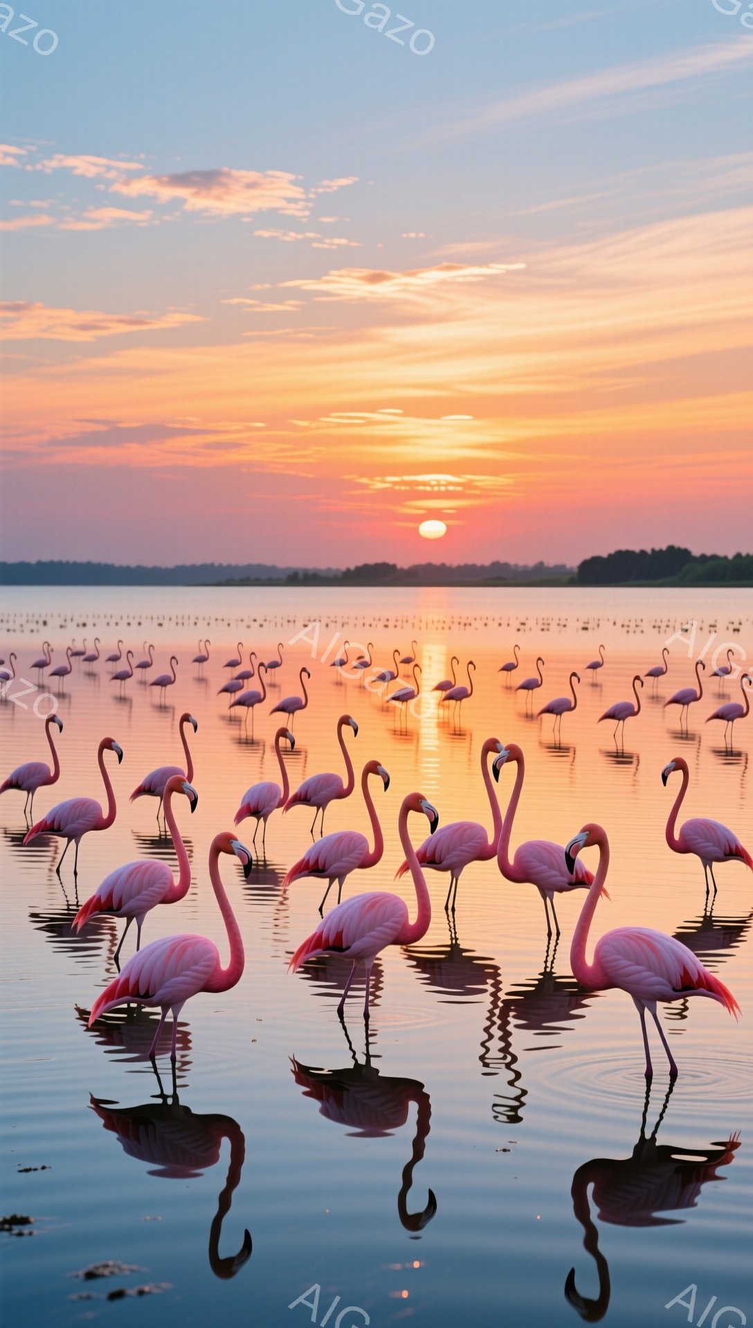 夕焼け空の下、多くのフラミンゴが浅瀬で水に浸かりながら一列に並んでいる。水面にはフラミンゴの美しい反射が見られ、空と水がオレンジ色とピンク色で染め上げられている。穏やかで幻想的な雰囲気が漂う。