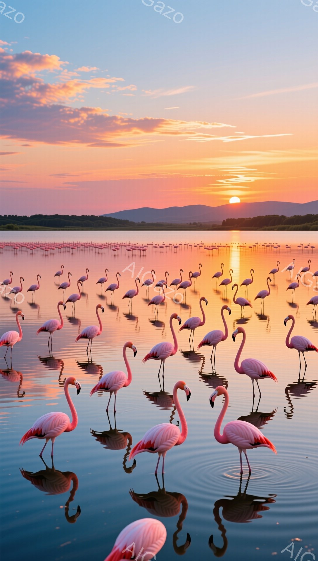 夕焼けを背景に、たくさんのフラミンゴが水面に並んで立っている。ピンク色の体が夕日の光を浴びて美しく輝き、穏やかで幻想的な雰囲気を醸し出している。水面にはフラミンゴの影が映り込み、さらに神秘的な光景を作り出している。