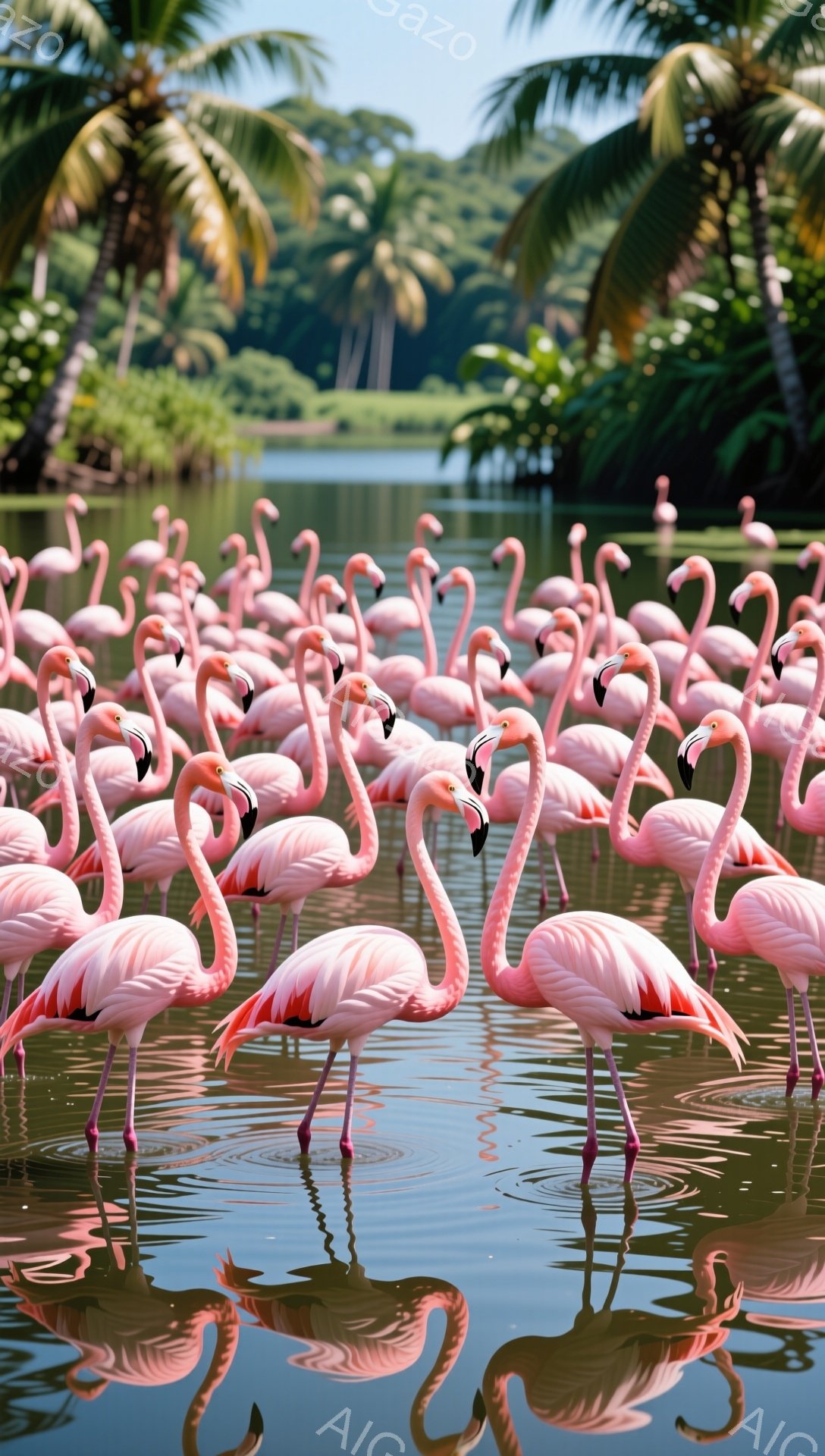 ピンク色のフラミンゴが群れをなし、水面に浮かんでいます。背景には緑豊かな木々が見え、穏やかで平和な雰囲気が漂っています。水面に映るフラミンゴの影も美しく、まるで絵画のような光景です。