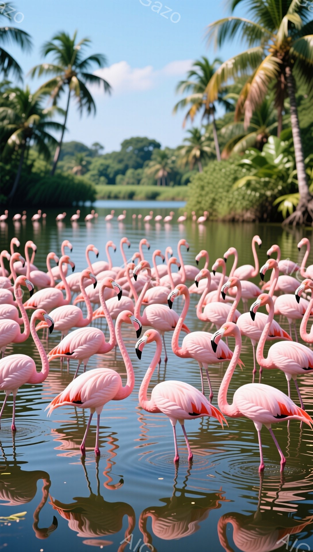 広大な水面にピンク色のフラミンゴが群れをなし、静かにたたずんでいます。水面にはフラミンゴの姿が映り込み、鮮やかな色彩と光が調和した美しい光景です。背後には緑豊かな木々と青空が広がり、熱帯の自然を感じさせます。