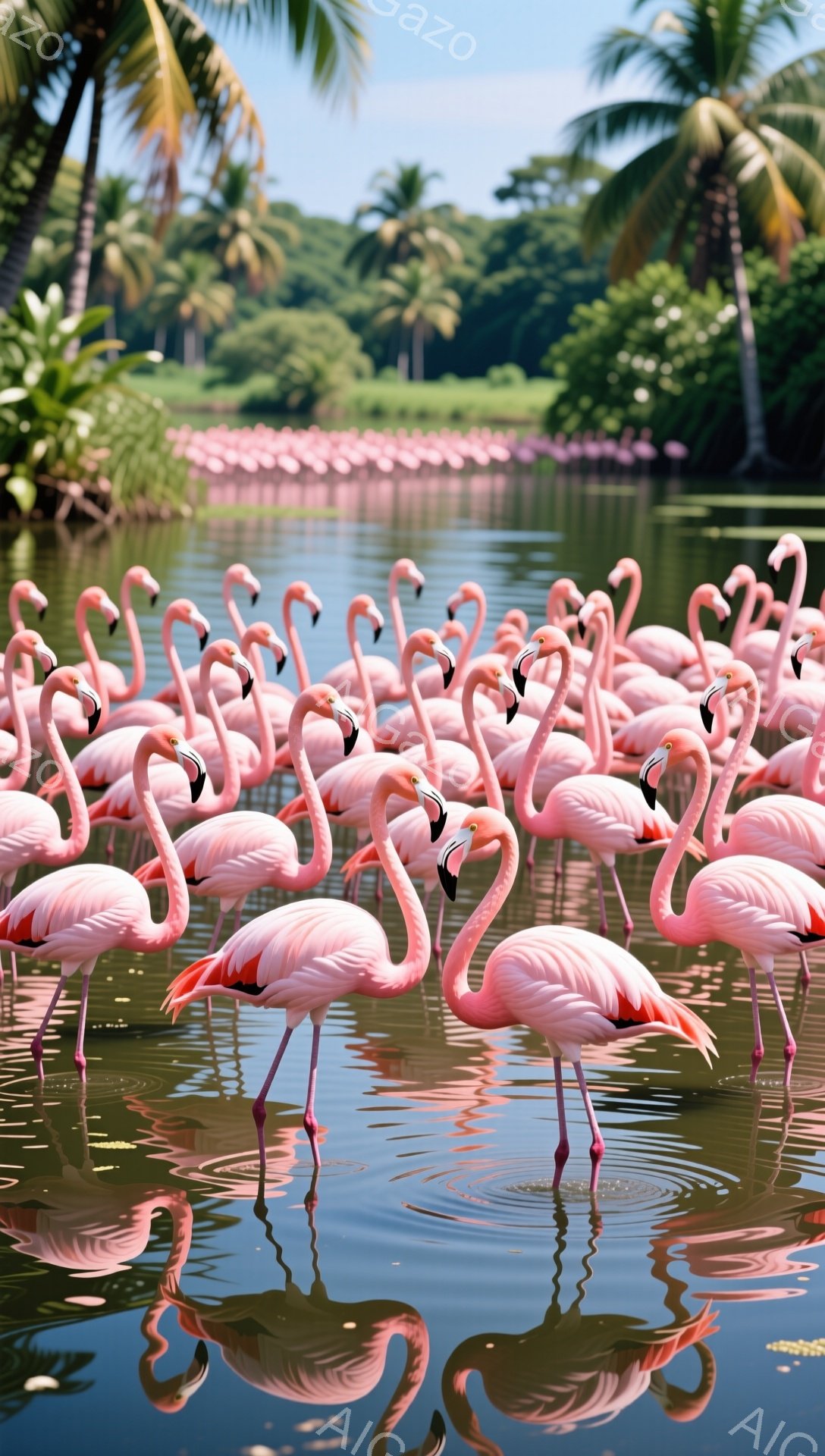ピンク色のフラミンゴの群れが水面に並び、穏やかな水面にその姿を映し出しています。背景には緑豊かな木々が見え、熱帯の雰囲気を感じさせます。水面に広がる波紋が、静けさの中にわずかな動きを加えています。
