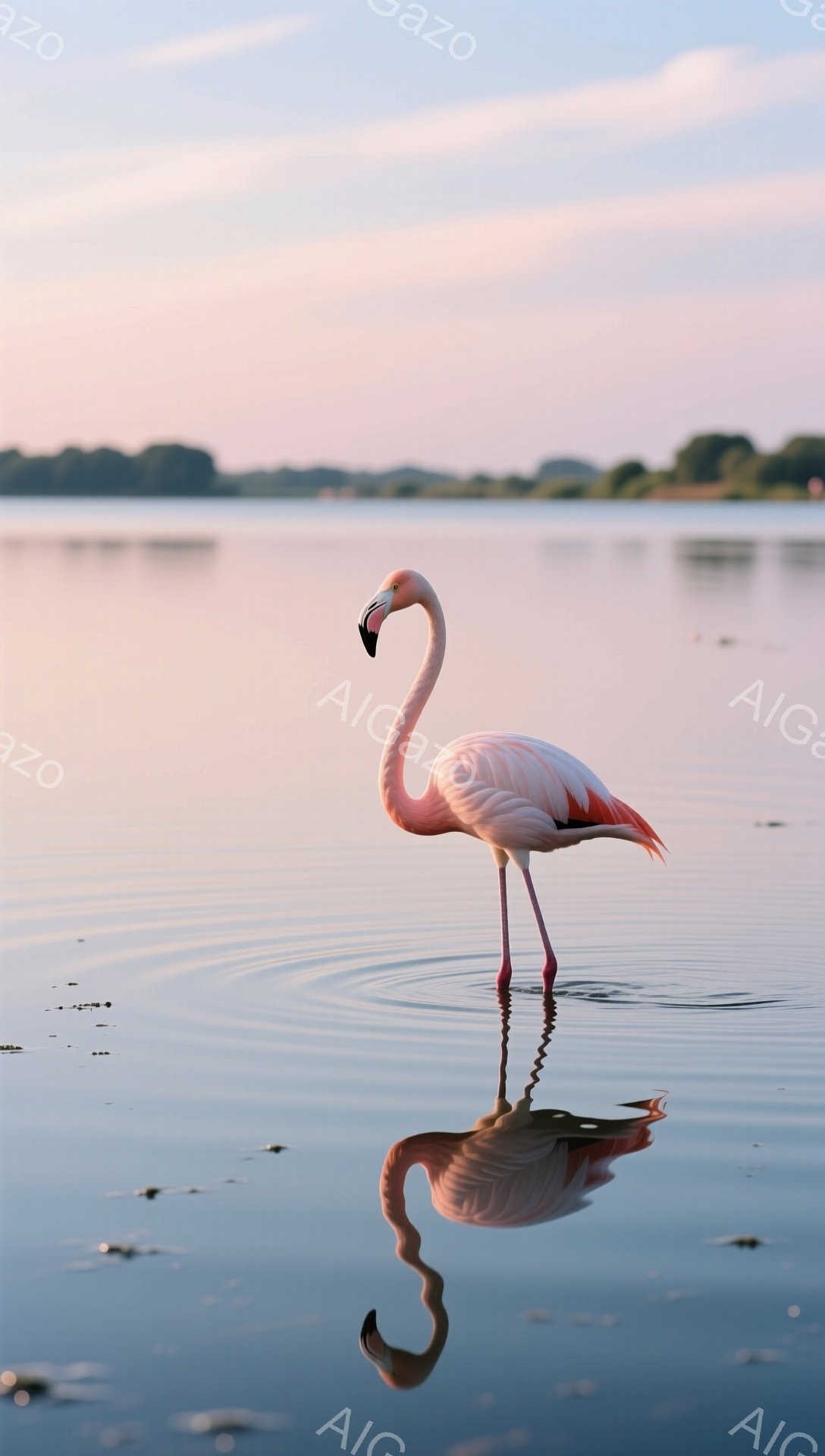 ピンク色のフラミンゴが穏やかな水面に立っており、水面に自身の姿を映し出しています。背景にはぼんやりとした緑の陸地と夕焼けのような空が広がっており、静かで平和な雰囲気を醸し出しています。水紋がフラミンゴの優雅なシルエットをさらに際立たせています。