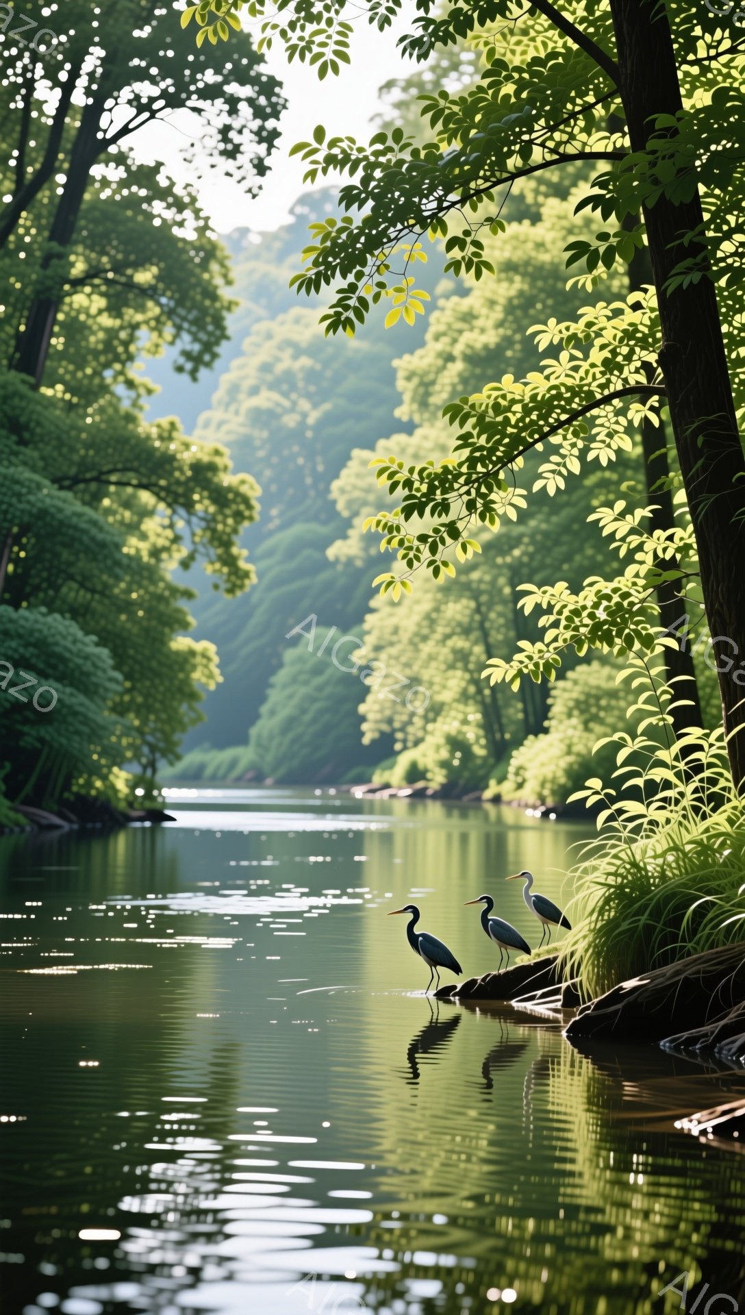 静かな川辺に３羽のサギが佇んでいます。緑豊かな木々が川を覆い、水面に太陽の光が反射してキラキラと輝いています。穏やかな時間と自然の美しさが感じられる、平和な風景です。
