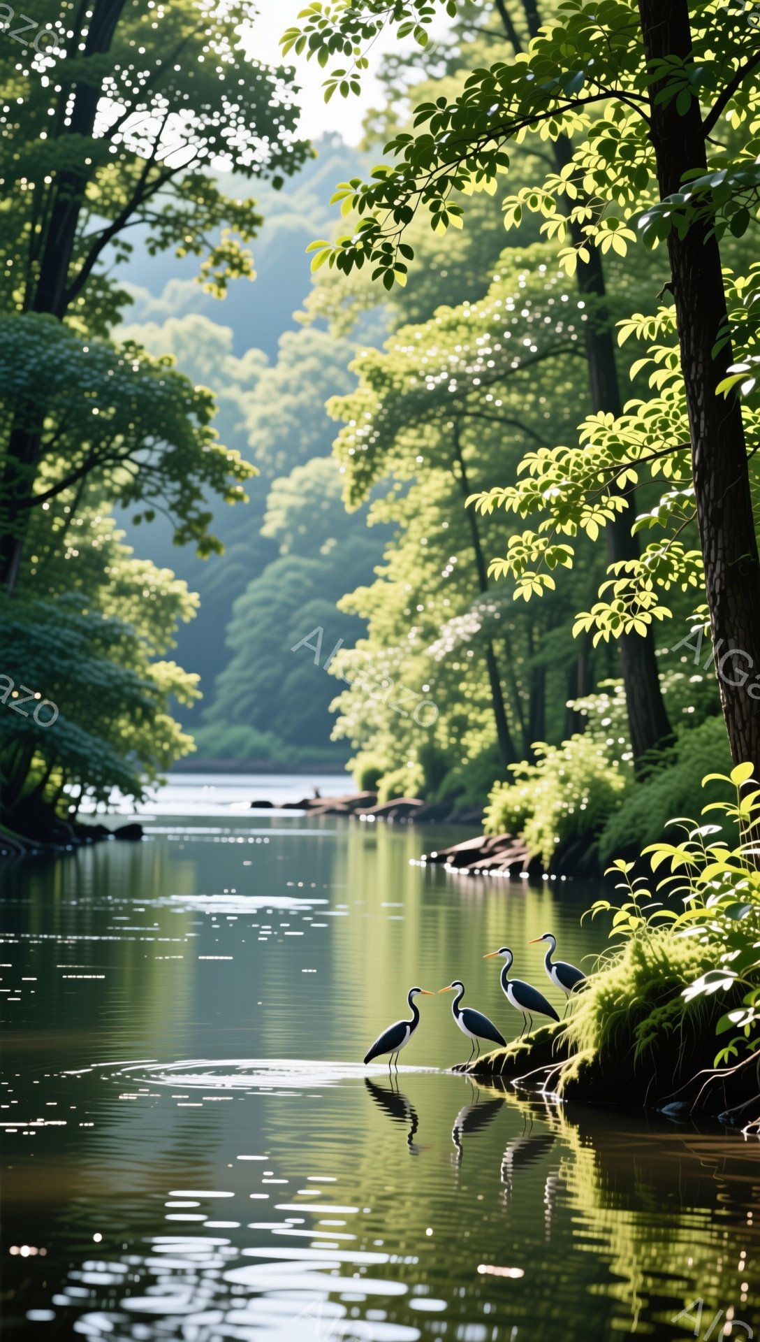 穏やかな川面には、数羽のサギが静かに佇んでいます。緑豊かな木々が水面に映り込み、自然の美しさを際立たせています。光の差し込み具合から、平和で穏やかな時間が流れている様子が伝わってきます。