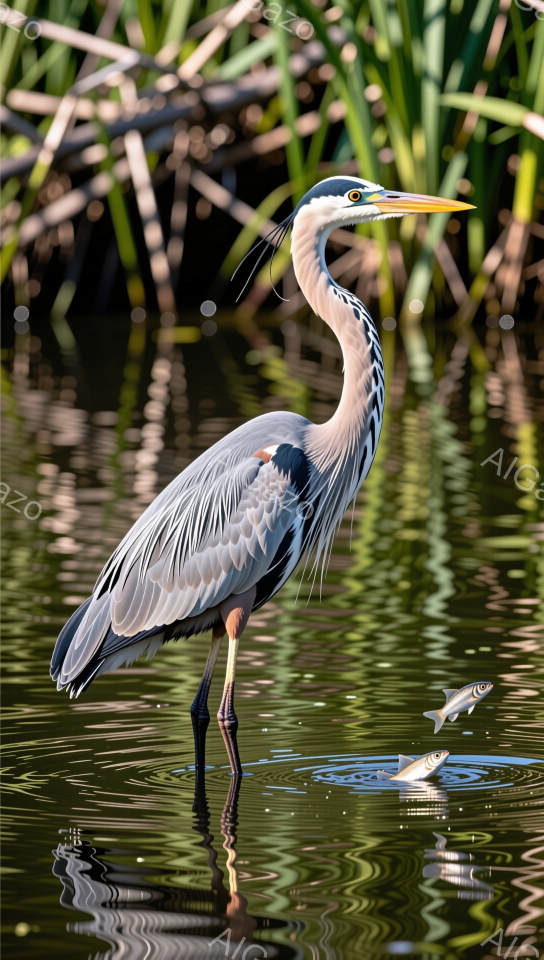 アオサギが水中で獲物を狙っている。鮮やかな緑色の水面には、魚が飛び跳ねており、アオサギの姿が鏡のように映り込んでいる。背景には緑豊かな植物が広がり、穏やかで静かな雰囲気が漂っている。
