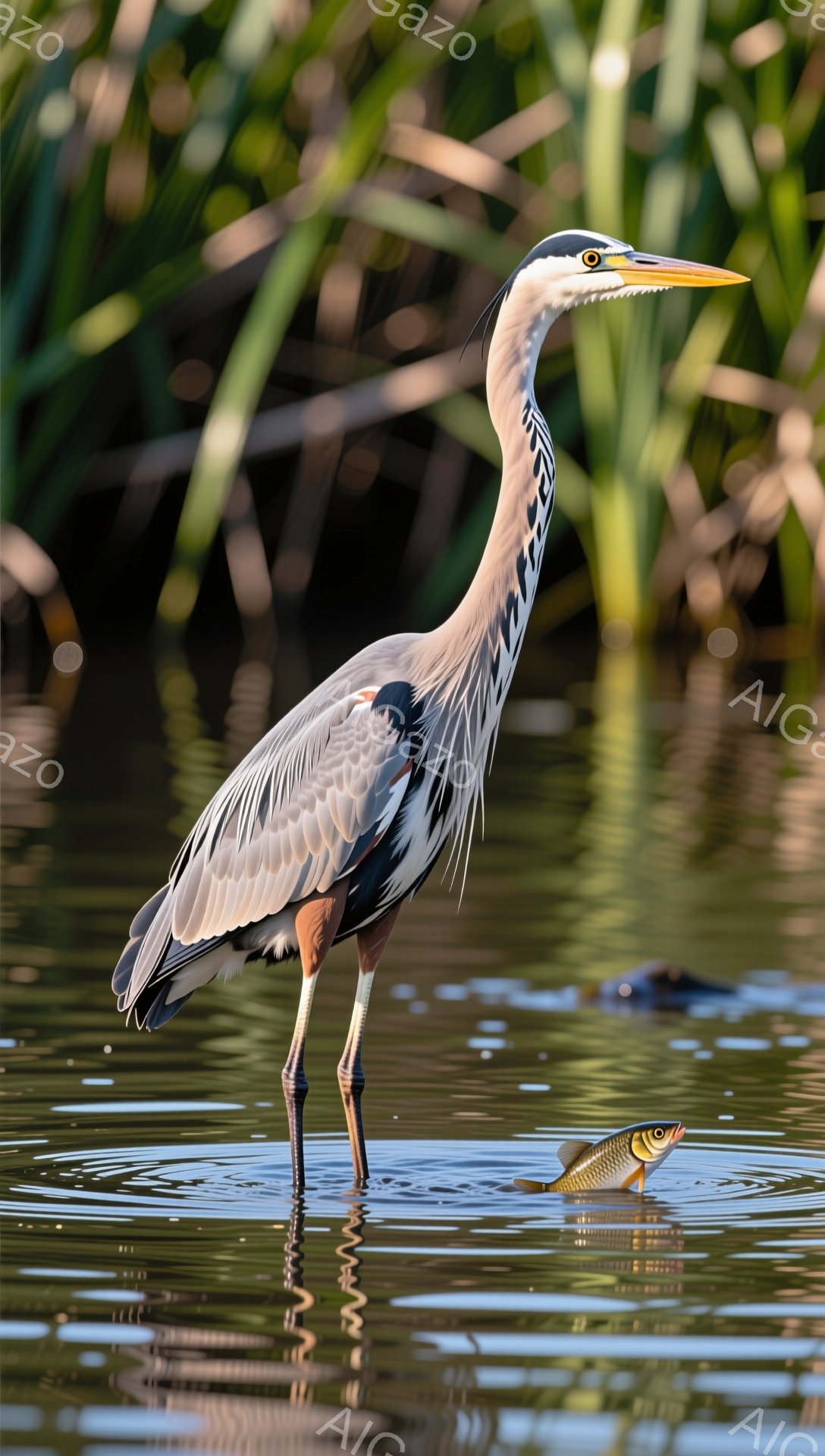 アオサギが水面に立つ姿を捉えた写真です。水面には光が反射し、穏やかな雰囲気を醸し出しています。獲物と思わしき魚をくわえ、次の動きをうかがっている様子が伺えます。
