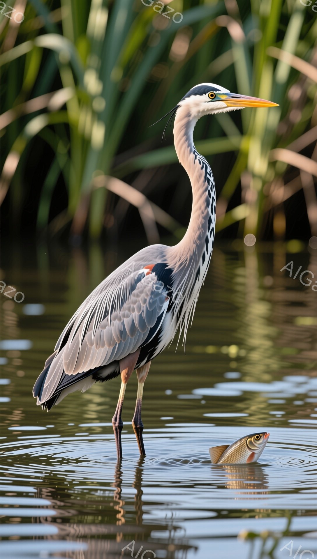 浅い水中に立つササゴイが、捕らえた魚をくわえています。緑豊かな背景と水面に反射する光が、穏やかで自然な雰囲気を醸し出しています。鳥の毛並みや魚の鱗が細かく描写されており、鮮明な画像です。