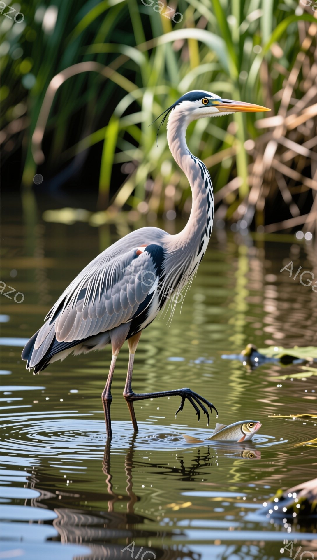 アオサギが浅い水中で静止し、獲物を狙っている様子が捉えられています。水面にはその姿が反射し、周囲の緑豊かな背景と相まって、穏やかな雰囲気を醸し出しています。細長い足と鋭い嘴が特徴的です。