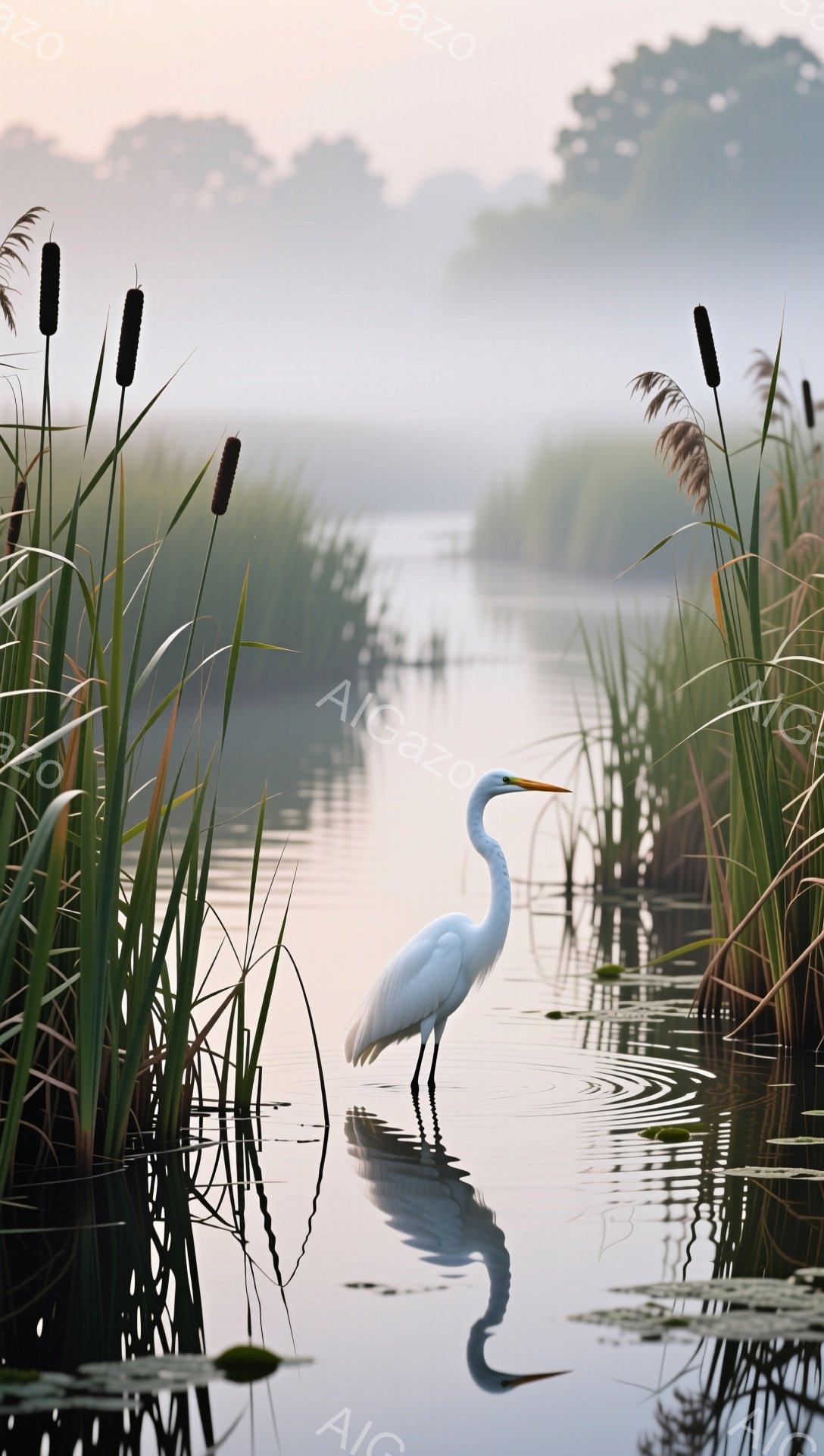 白いサギが水面に映り、静かな川の中に立っている。周りには背の高い葦が生い茂り、朝の光が水面を照らしている。水面に反射したサギの姿が、穏やかな雰囲気を醸し出している。