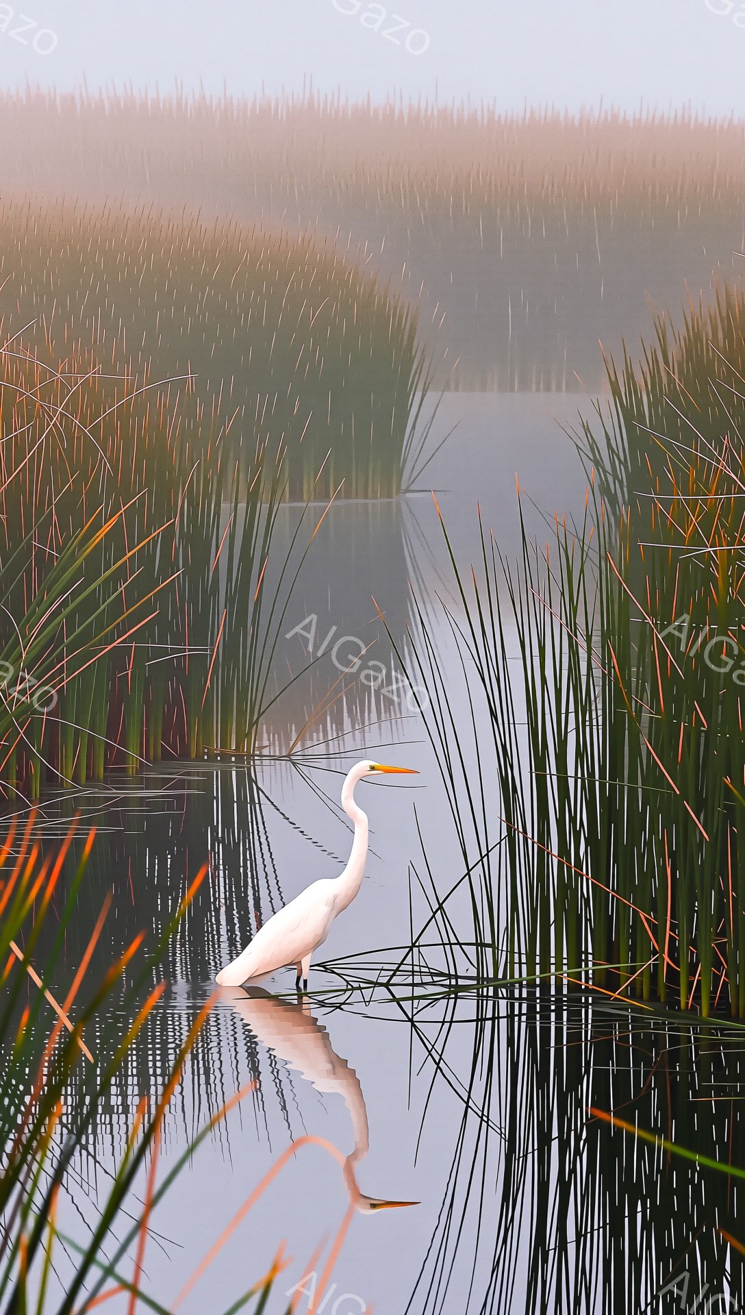 白いサギが水面に映り、穏やかな水辺の風景が広がっている。周囲には背の高い草が生い茂り、霧がかった空が静寂な雰囲気を醸し出している。水面の反射と草の緑が美しいコントラストを生み出している。