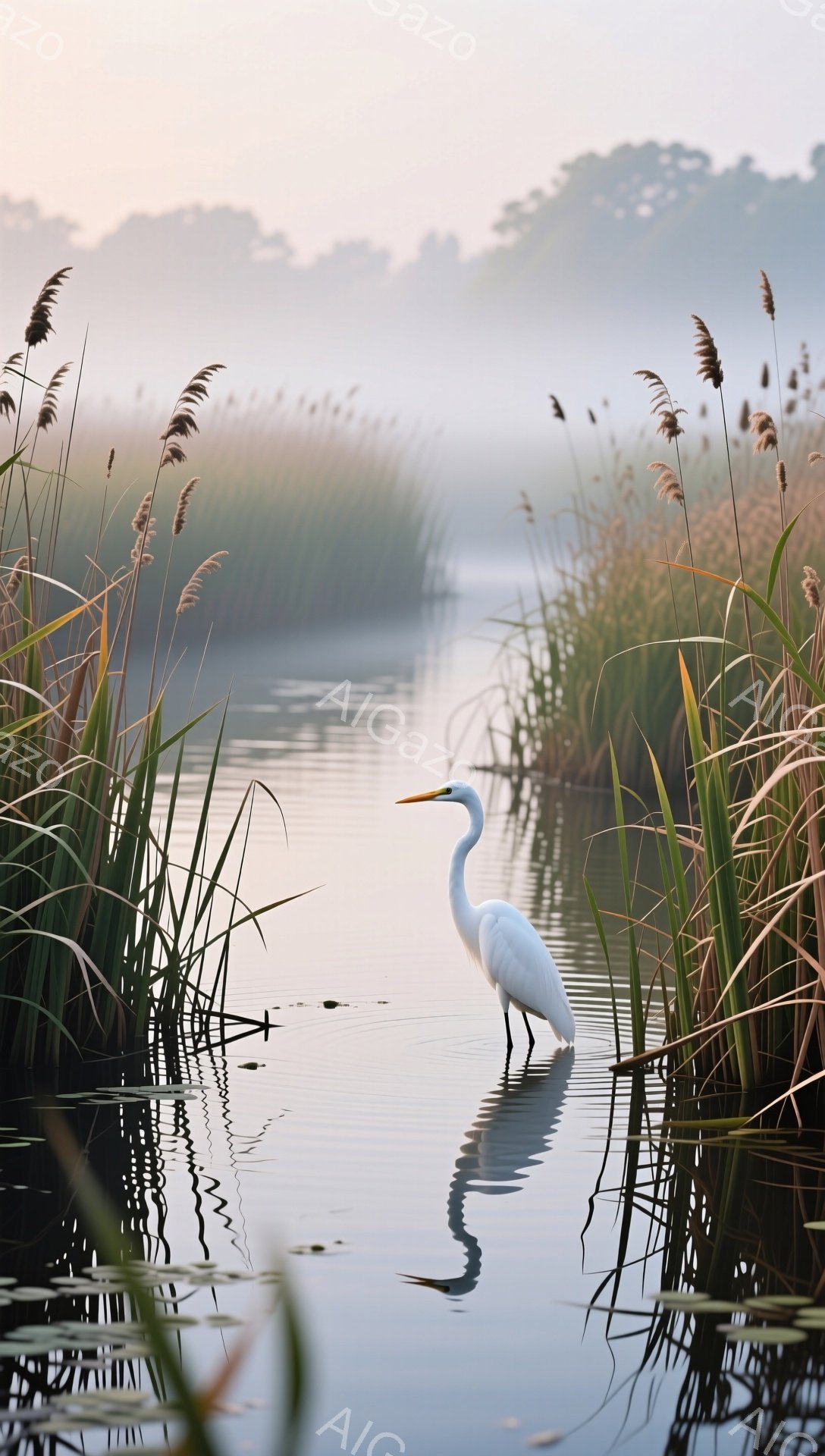 静かな水面に白いサギが立ち、その姿が水面に美しく映り込んでいる。朝霧が立ち込め、草木が霞んでおり、穏やかで幻想的な雰囲気を醸し出している。日の光が差し込み、水面を金色に染め上げている。