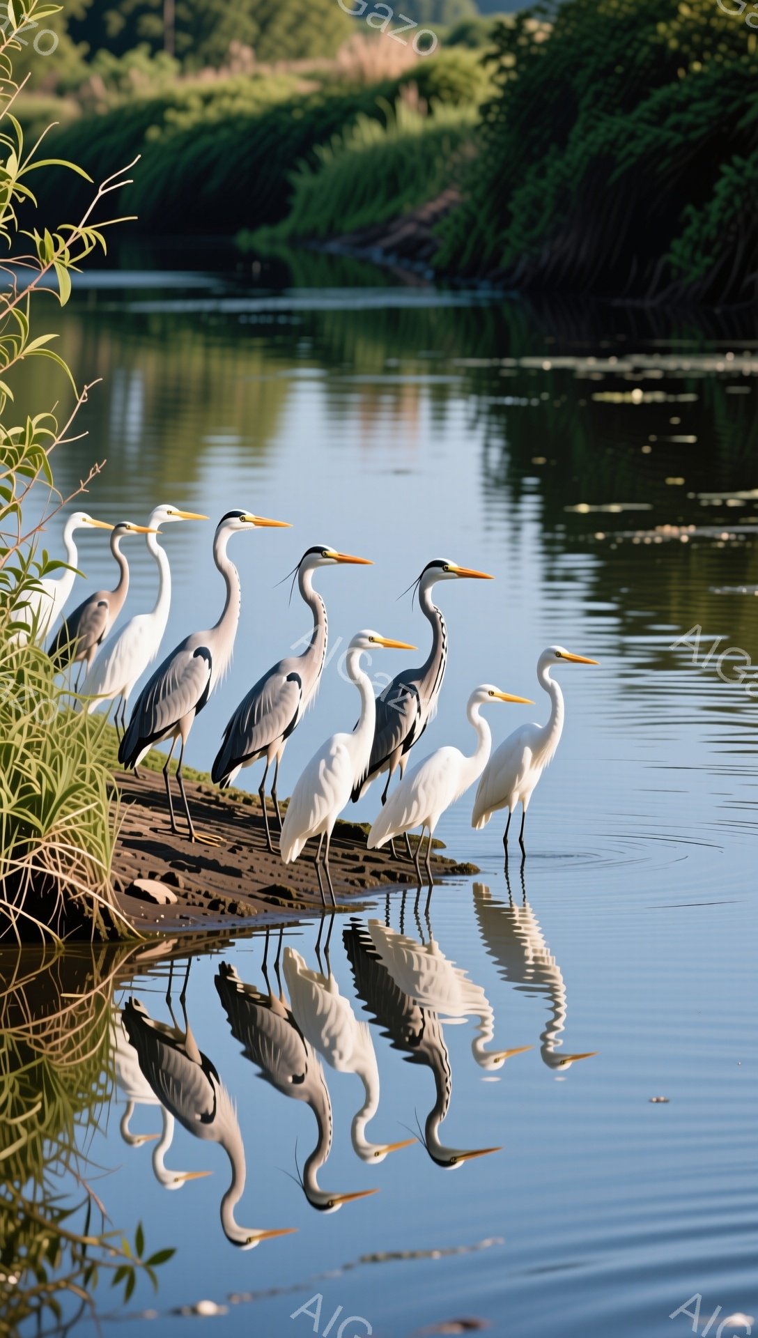 緑豊かな背景に、アオサギが整列して水辺に佇んでいる。水面に映る姿はまるで鏡のように鮮明で、静かで穏やかな雰囲気を醸し出している。自然の美しさが際立つ、美しい瞬間を捉えた一枚である。 - AI生成フリー素材