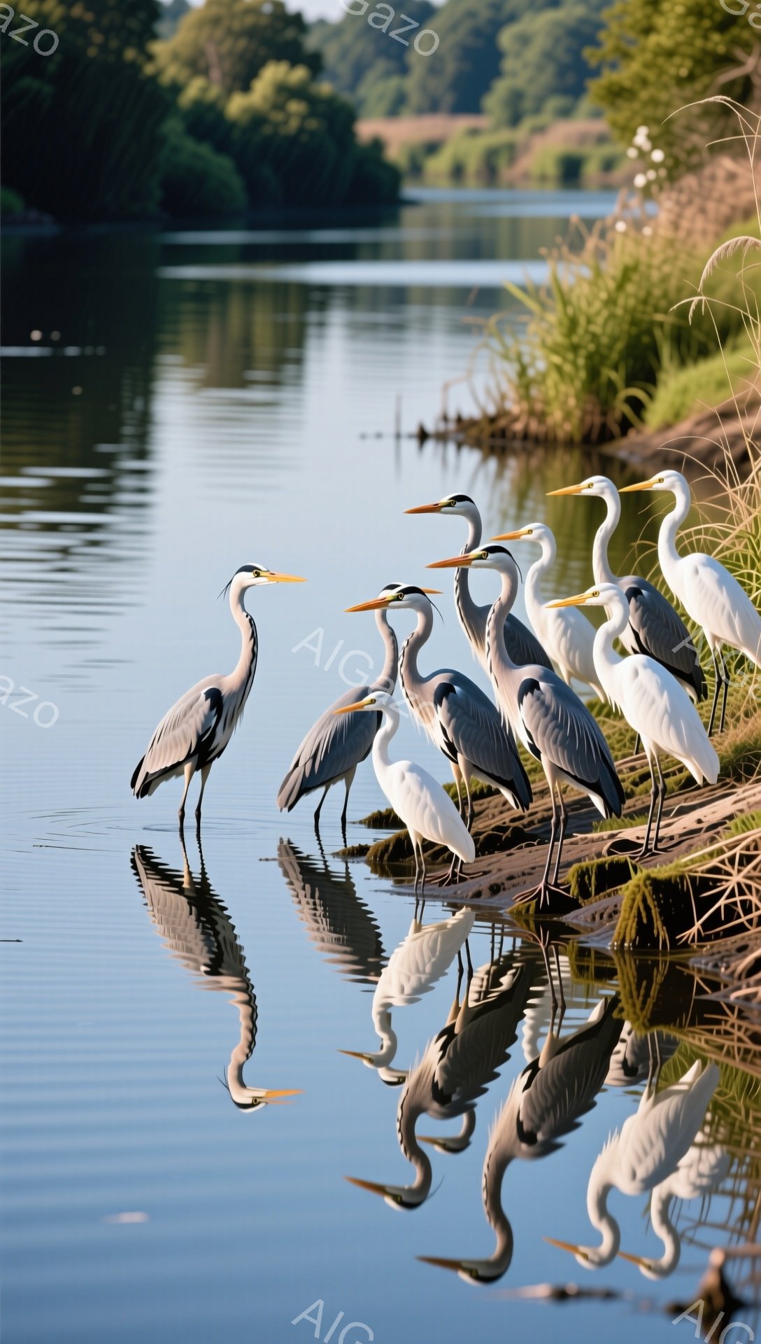 浅い水辺にサギが整列して立っている。水面に映る姿も美しく、静かで穏やかな雰囲気が漂う。緑豊かな背景と合わせて、自然の美しさを際立たせている。