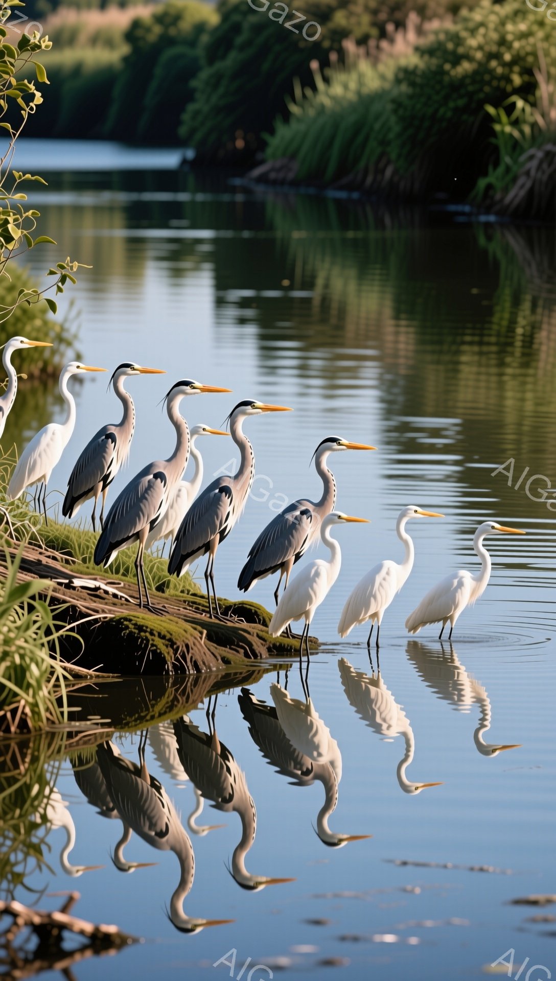 穏やかな水面にサギたちが整列し、まるで鏡に映ったかのような美しい光景が広がっている。緑豊かな背景と、水面に映るシルエットが幻想的な雰囲気を醸し出している。静寂の中に、自然の美しさが際立っている。 - AI生成フリー素材