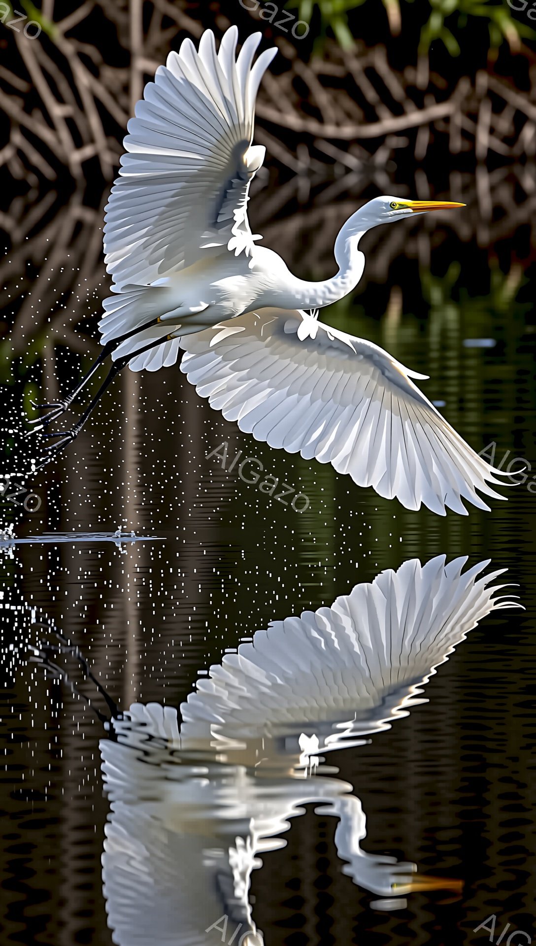 白いサギが水面近くで翼を広げて飛び立つ瞬間を捉えた写真です。水面に反射したサギの姿が幻想的な雰囲気を醸し出しています。水しぶきと背景の木々が、自然の美しさを引き立てています。