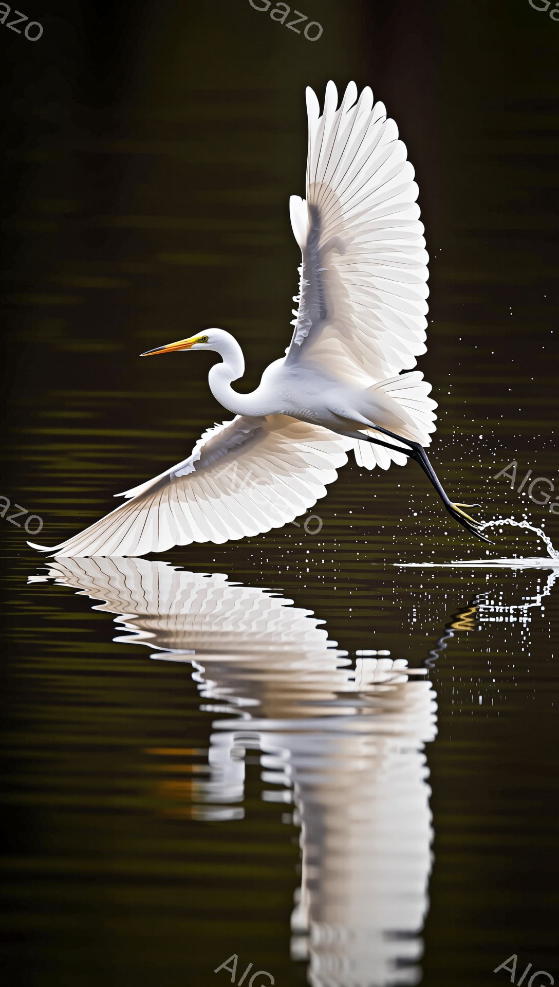 鮮やかな白い翼を広げたサギが、水面から飛び立つ瞬間を捉えた写真です。水しぶきが舞い、その姿は力強く、静かな水面に美しいコントラストを描いています。背景は暗く、サギが一層引き立ち、自然の美しさを感じさせます。