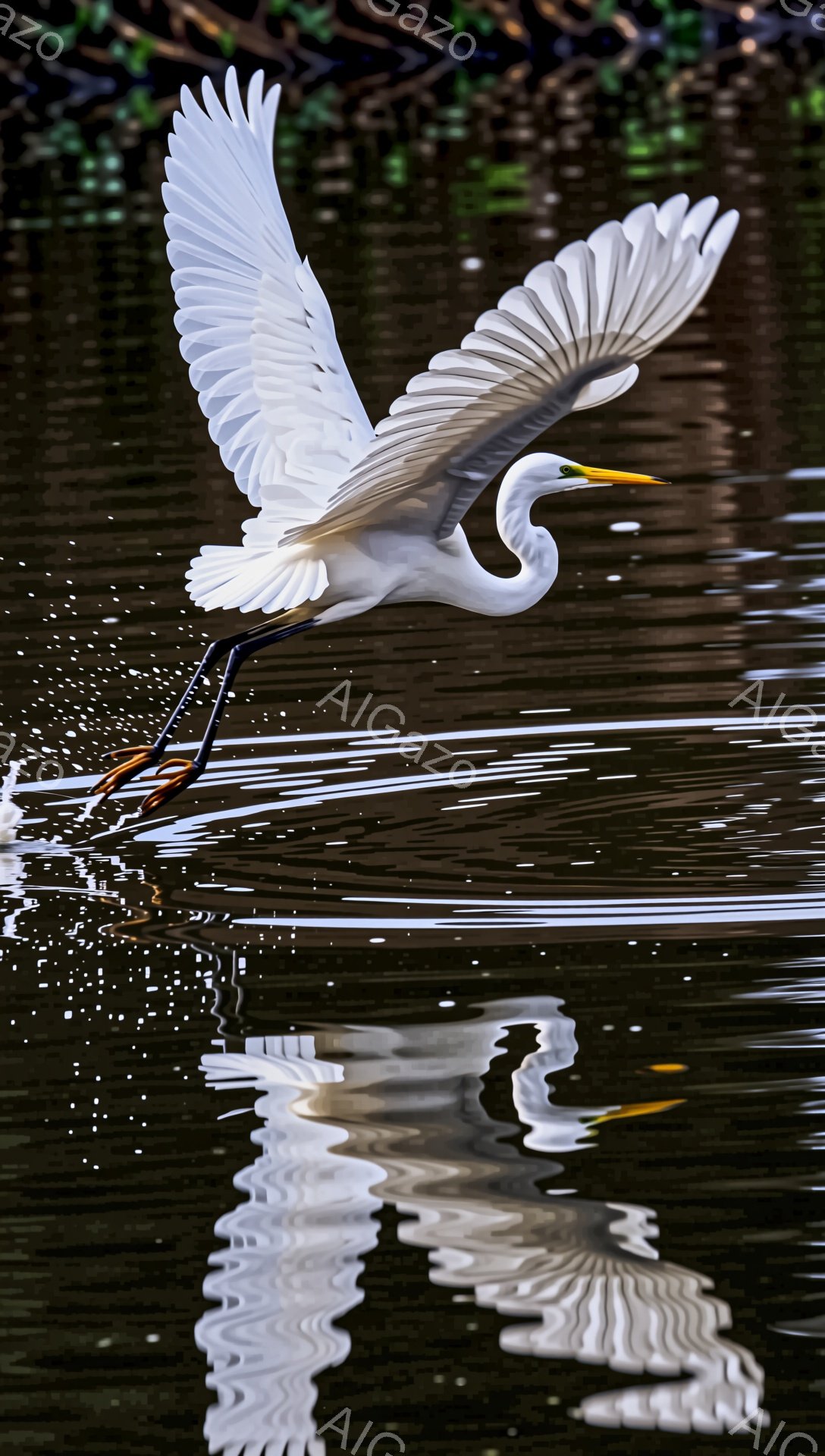 鮮やかな光の中で、白いサギが水面から飛び立とうとしている。水しぶきが舞い上がり、その動きは力強く、まるで空へ飛び立つ意志を強調している。背景には緑豊かな植物が見え、水面は穏やかで静寂な雰囲気を醸し出している。