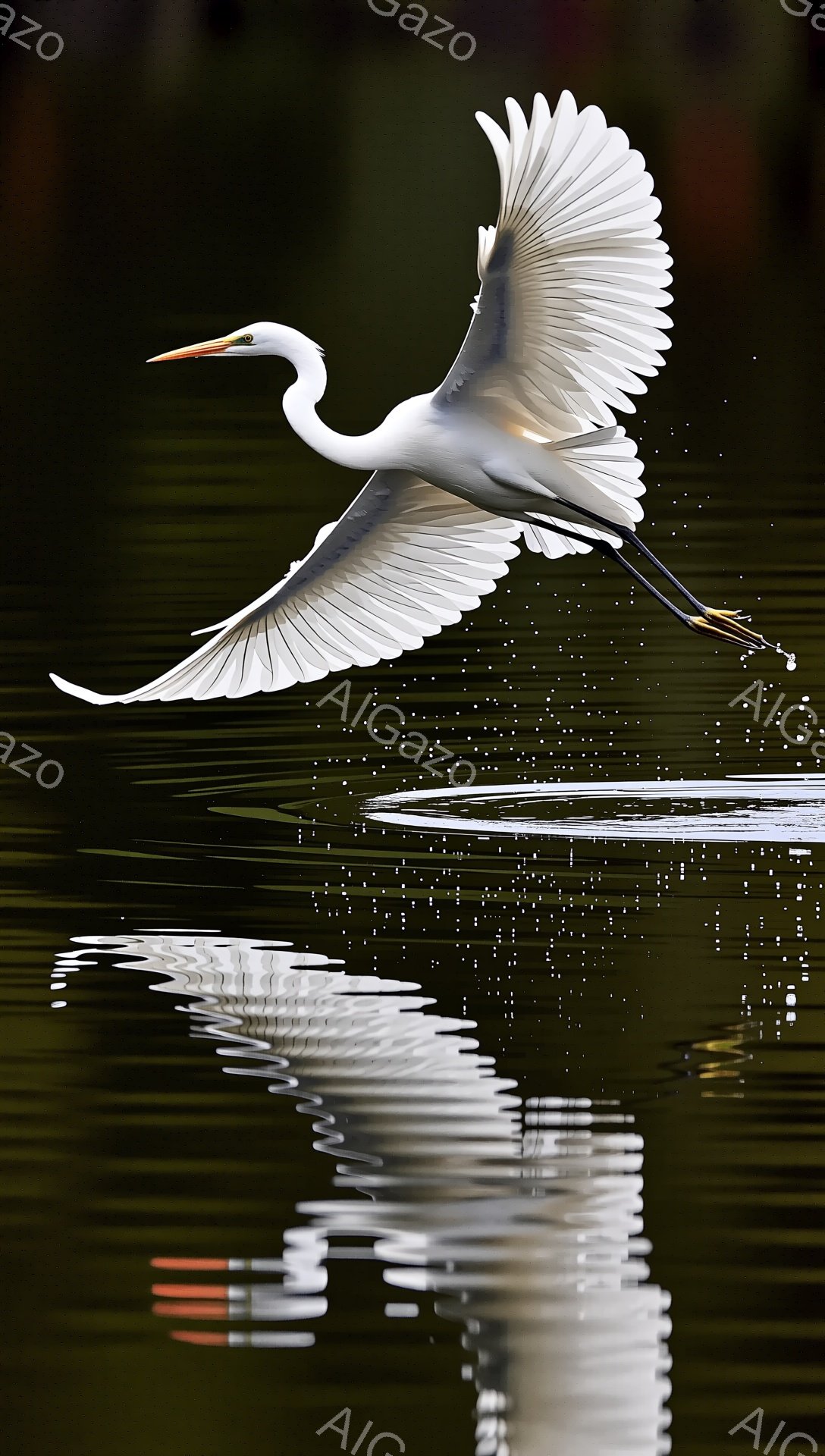 アマサギが翼を広げ、水面をかすめるように飛び立っている。水面に映る姿は幻想的で、まるで鏡の中にいるかのように見える。背景は暗く、水面の反射が光を捉え、ドラマチックな雰囲気を醸し出している。