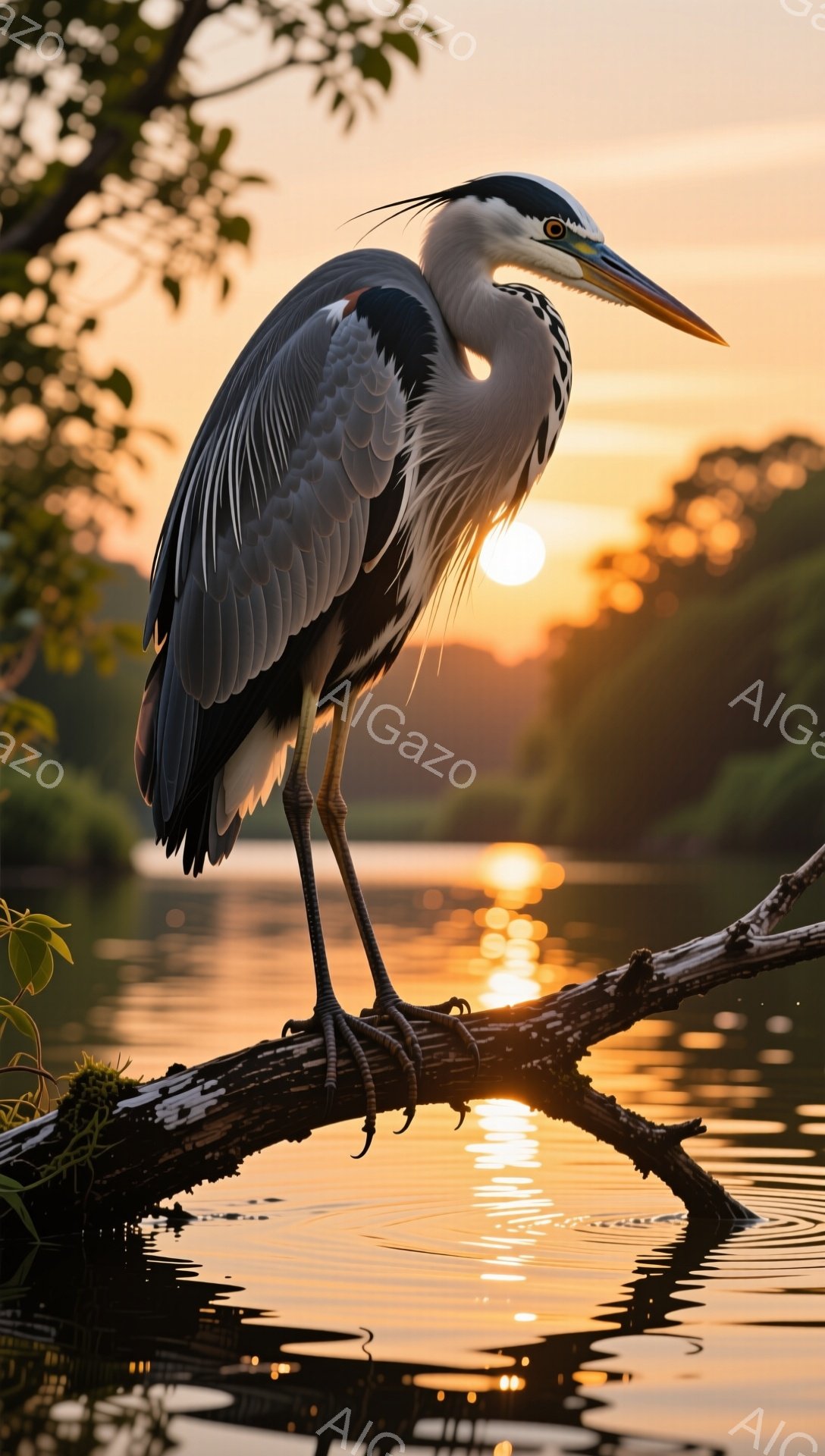 夕暮れ時の湖で、サギが一本の枝にとまっている。黄金色の光が水面に反射し、静かで穏やかな雰囲気を醸し出している。サギの羽は美しく、水鳥の優雅さが際立っている。