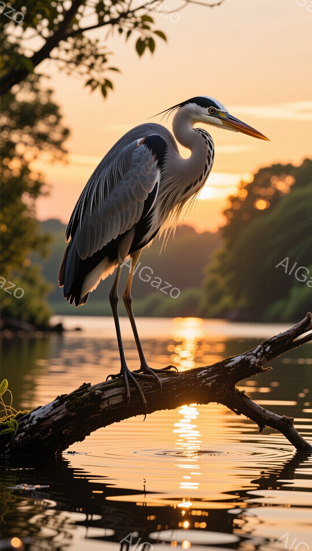 夕暮れの穏やかな湖面に、一羽のアオサギが佇んでいます。その優雅な姿は、水面に映る金色に照らされ、静寂と自然の美しさを際立たせています。木の上で静かに獲物を狙っている様子から、自然界での生存競争を感じさせます。